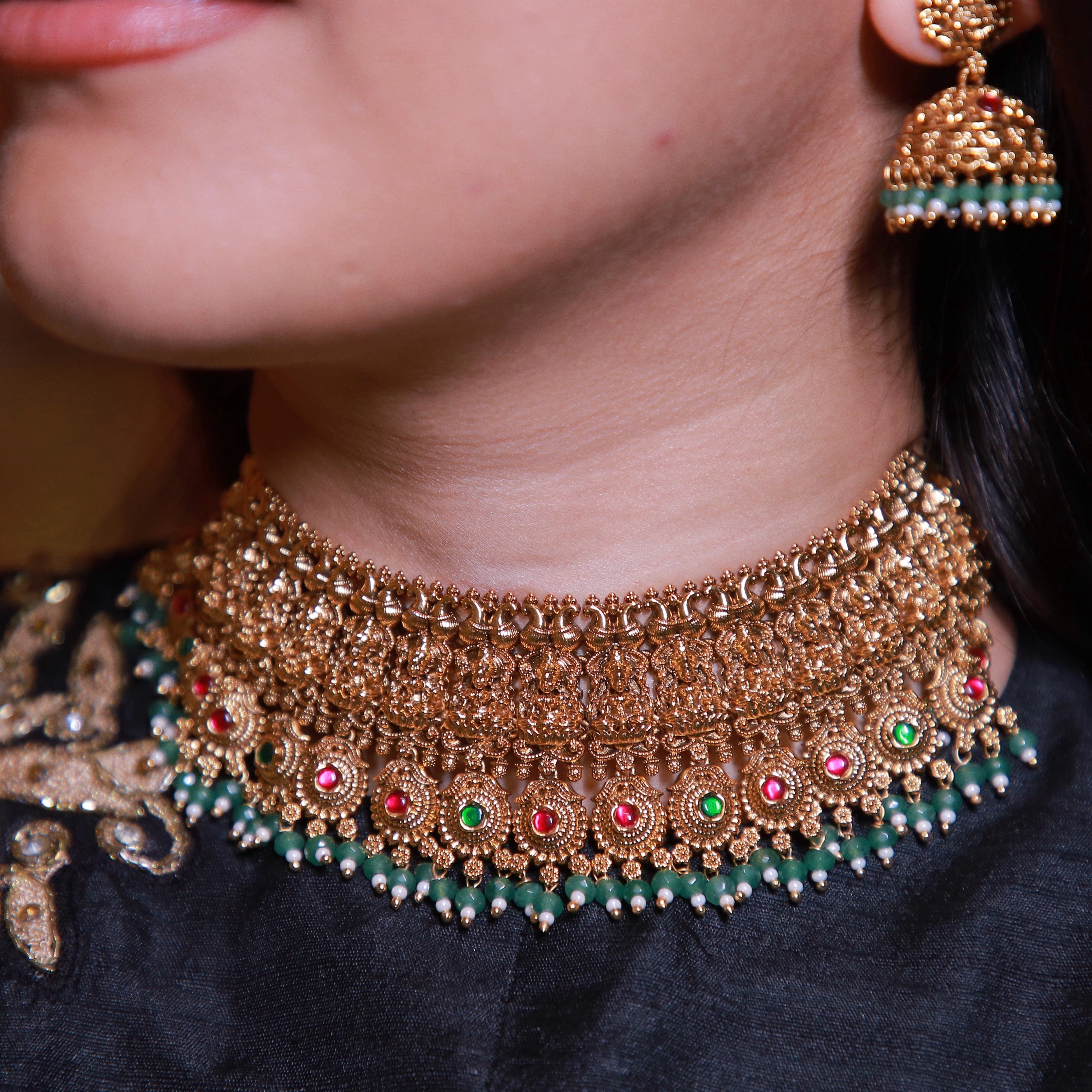 Antique Temple Choker Set with Green Beads