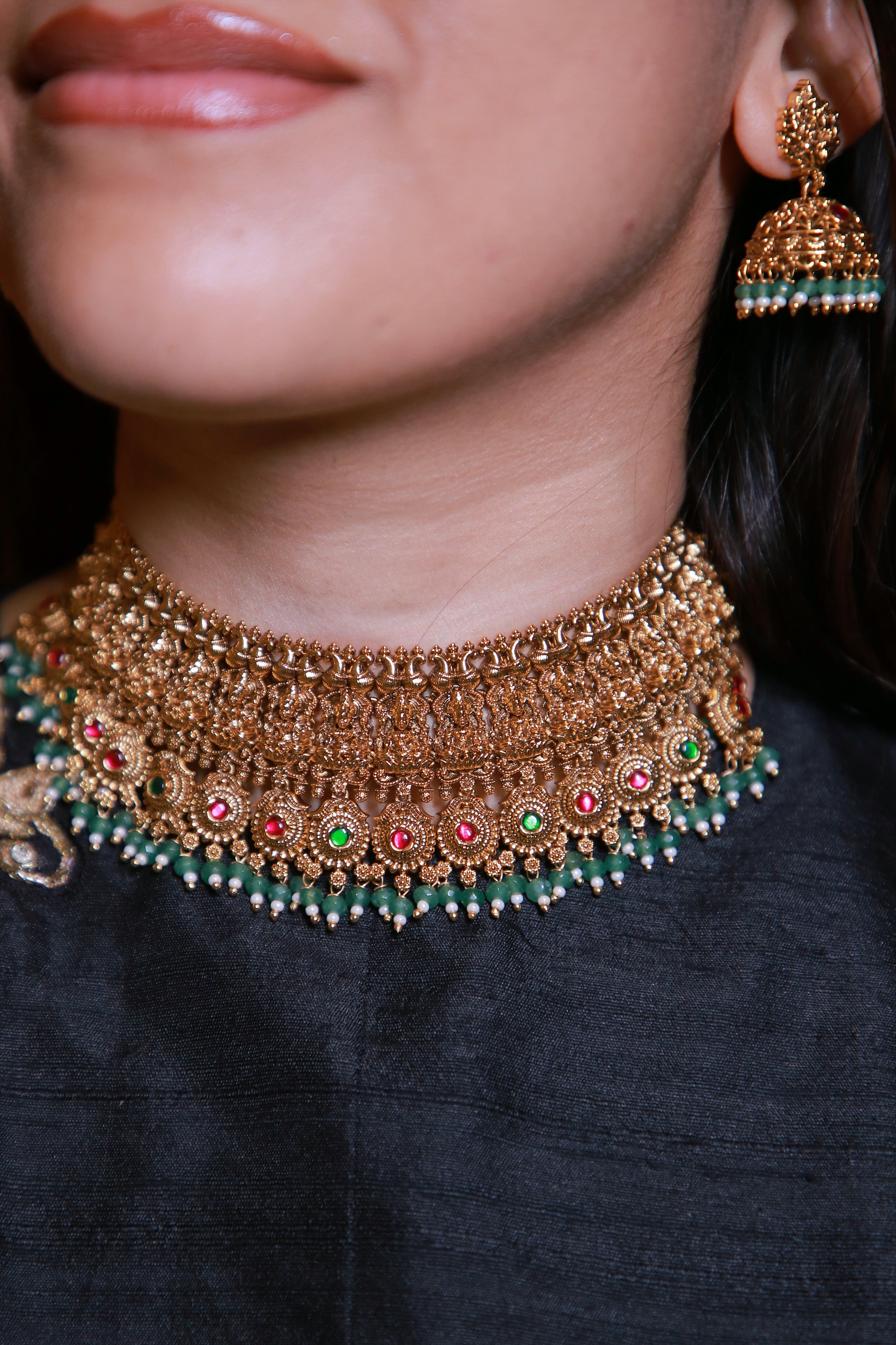 Antique Temple Choker Set with Green Beads