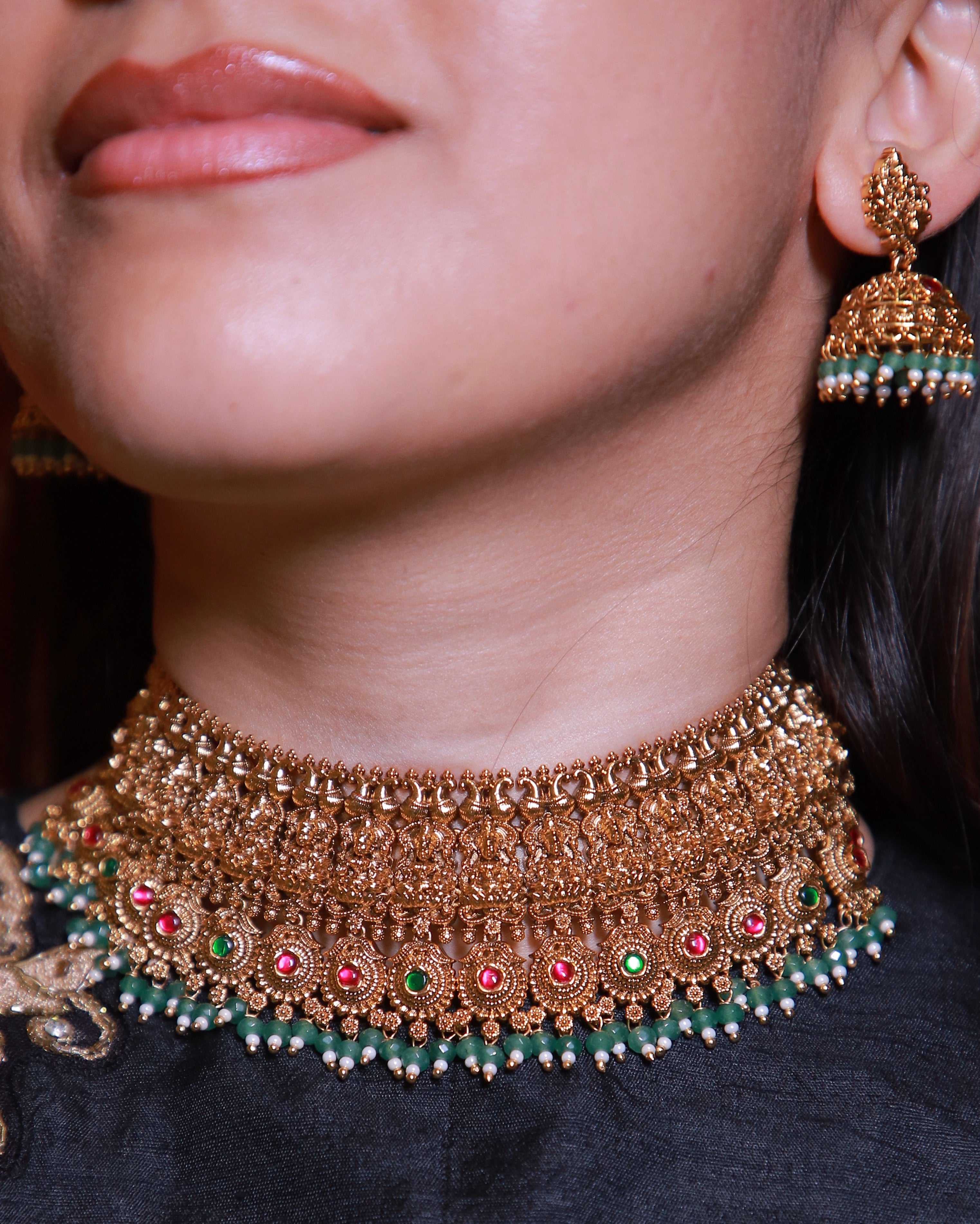 Antique Temple Choker Set with Green Beads