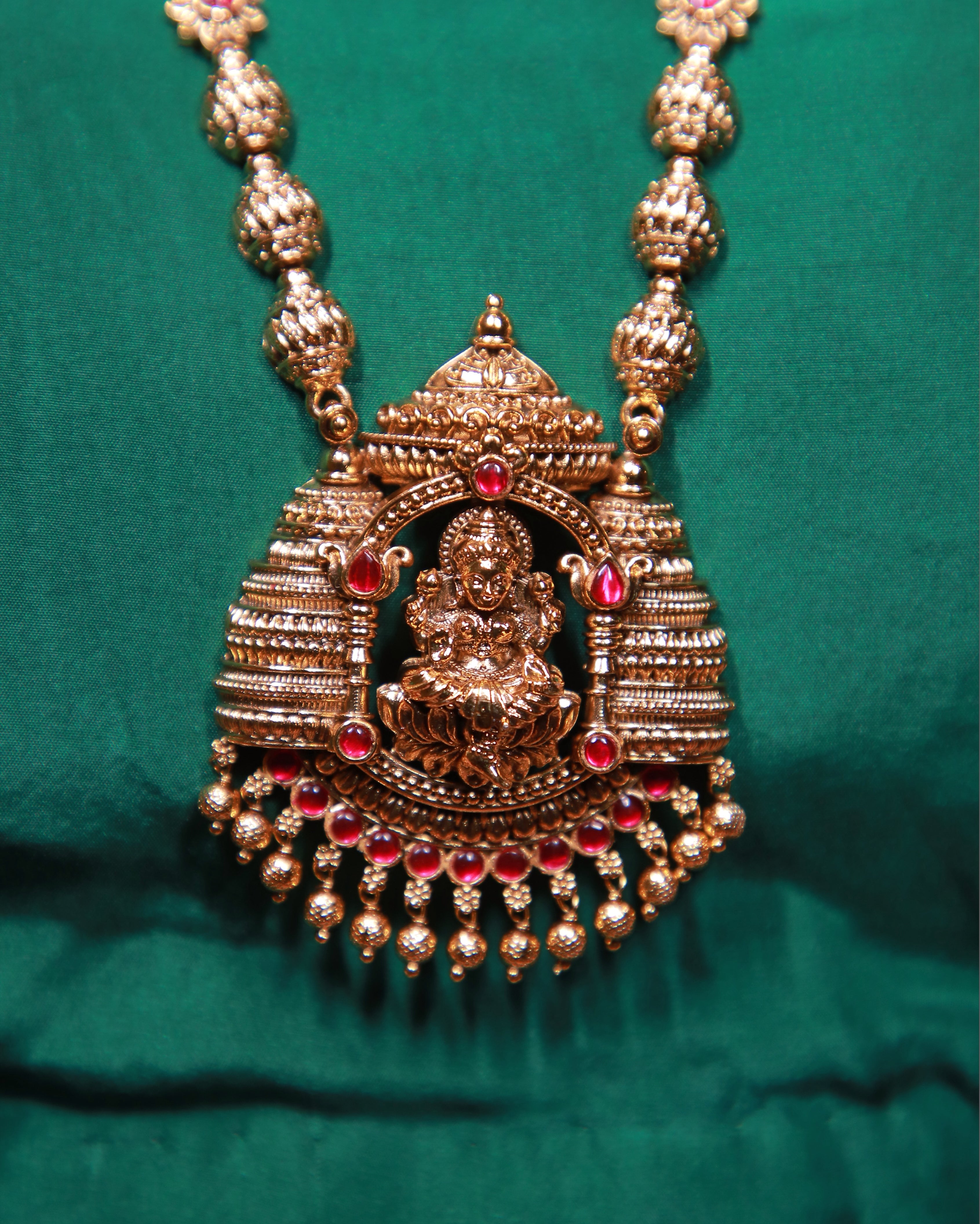 Antique Gold Lakshmi Temple Long Necklace with Ruby Stones