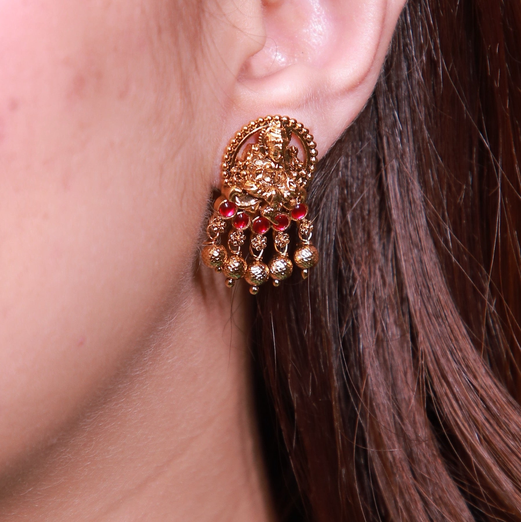 Antique Gold Lakshmi Temple Long Necklace with Ruby Stones