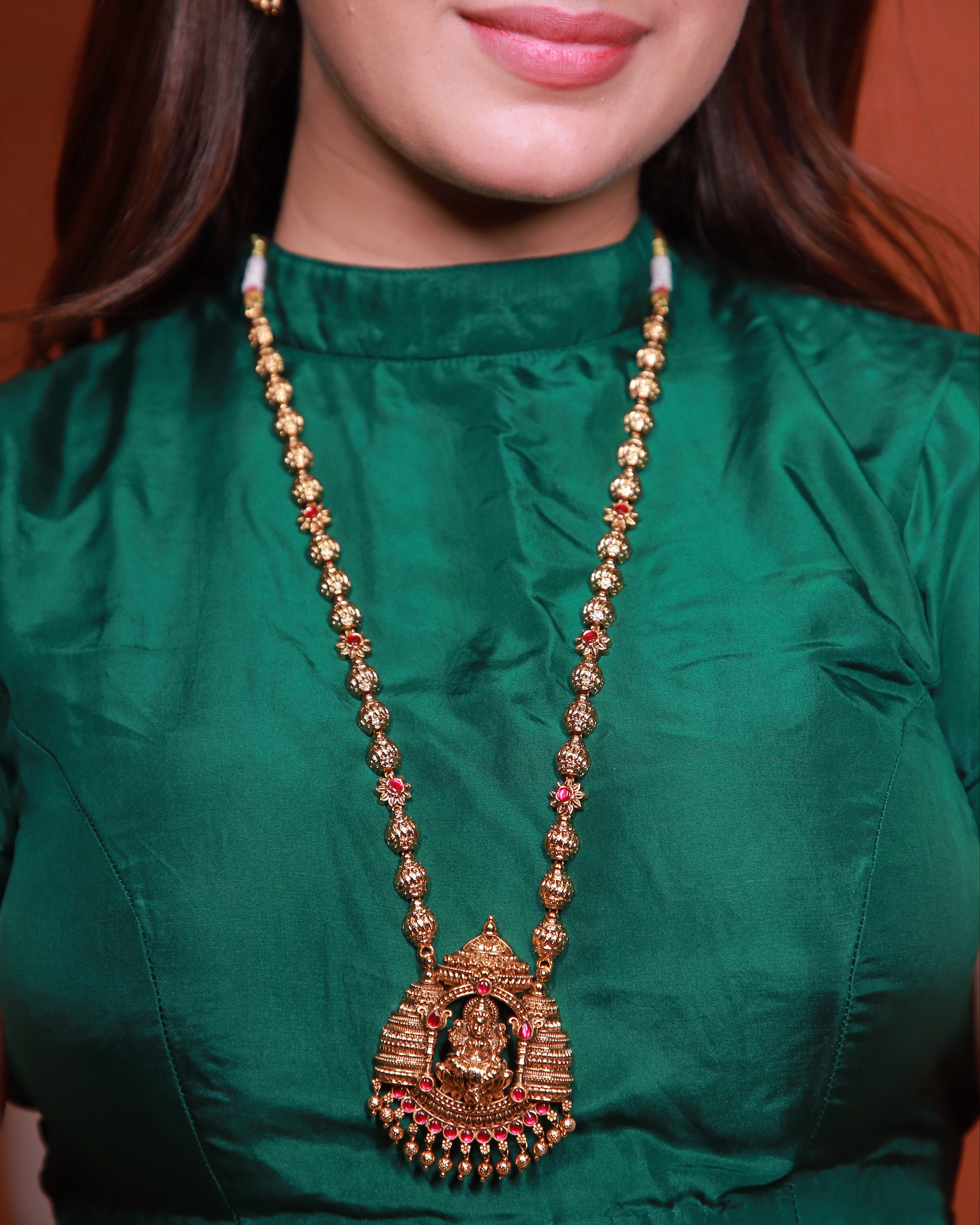 Antique Gold Lakshmi Temple Long Necklace with Ruby Stones