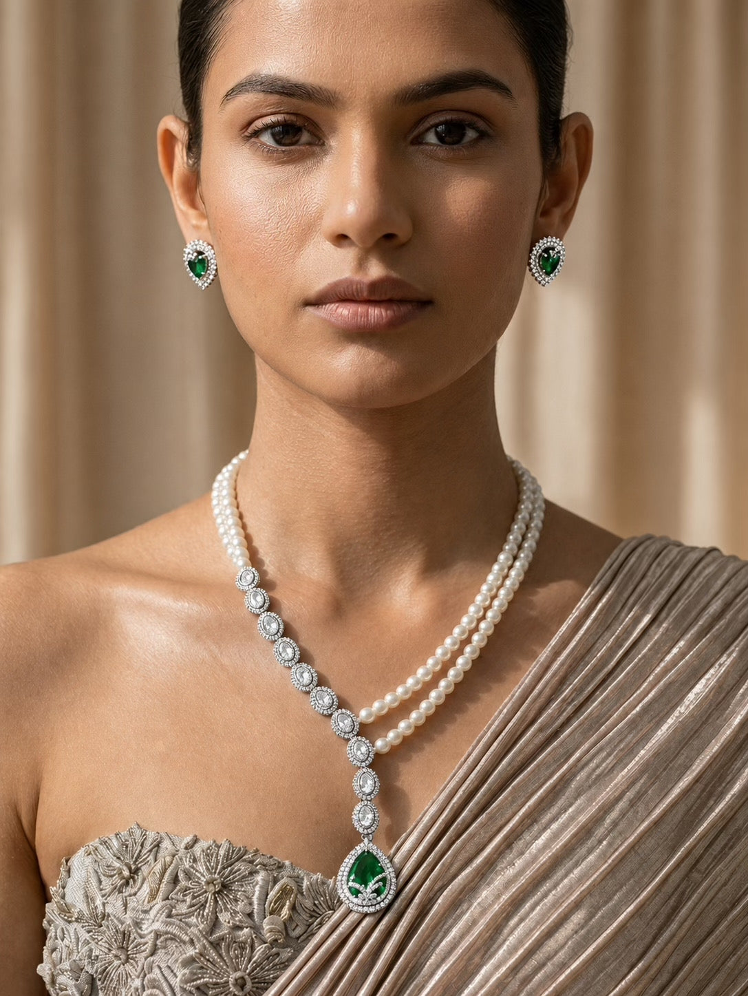 Emerald Green Teardrop Jewelry Set with Diamond Accents