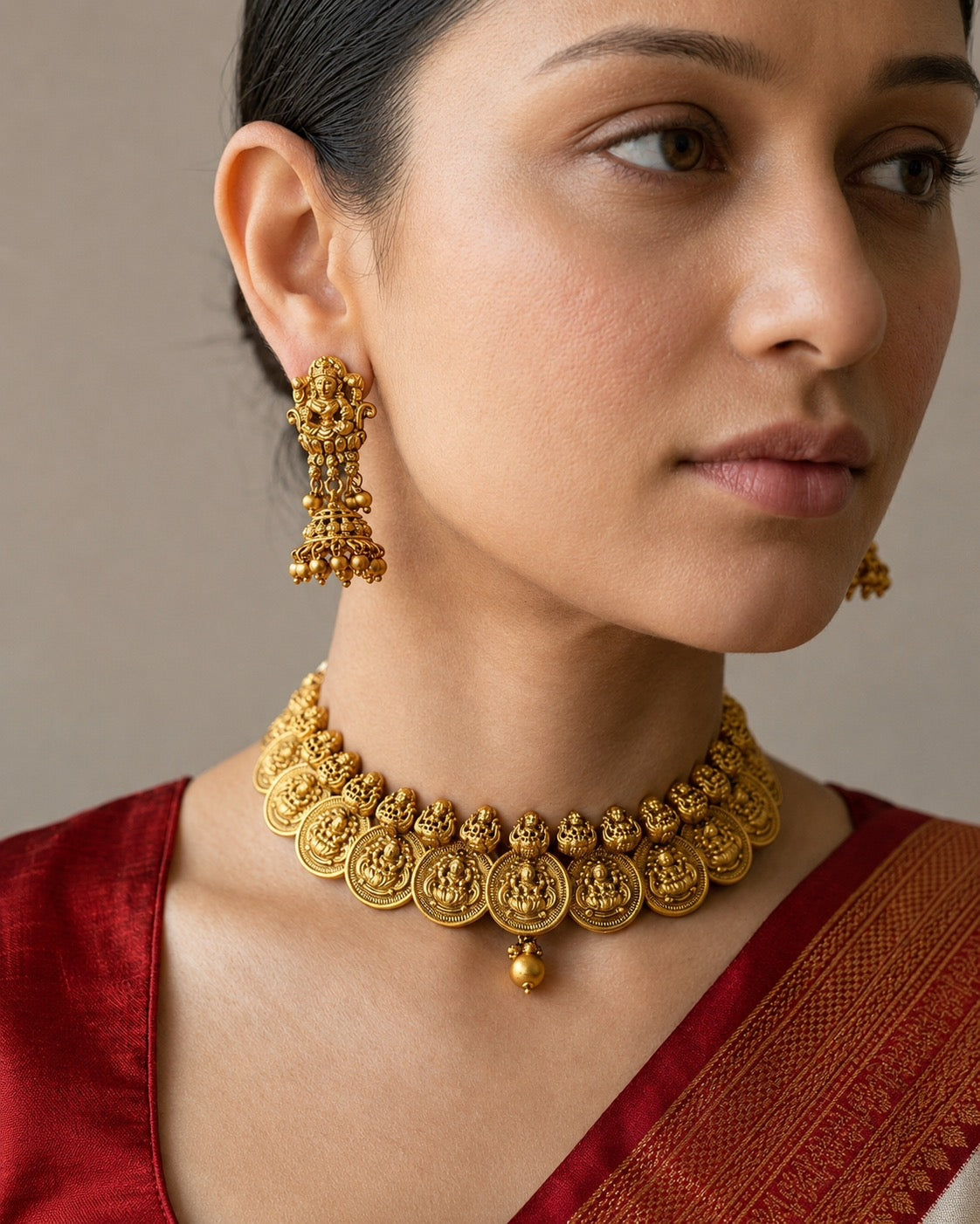 Gold Temple Necklace Set with Jhumkis - Handcrafted Elegance