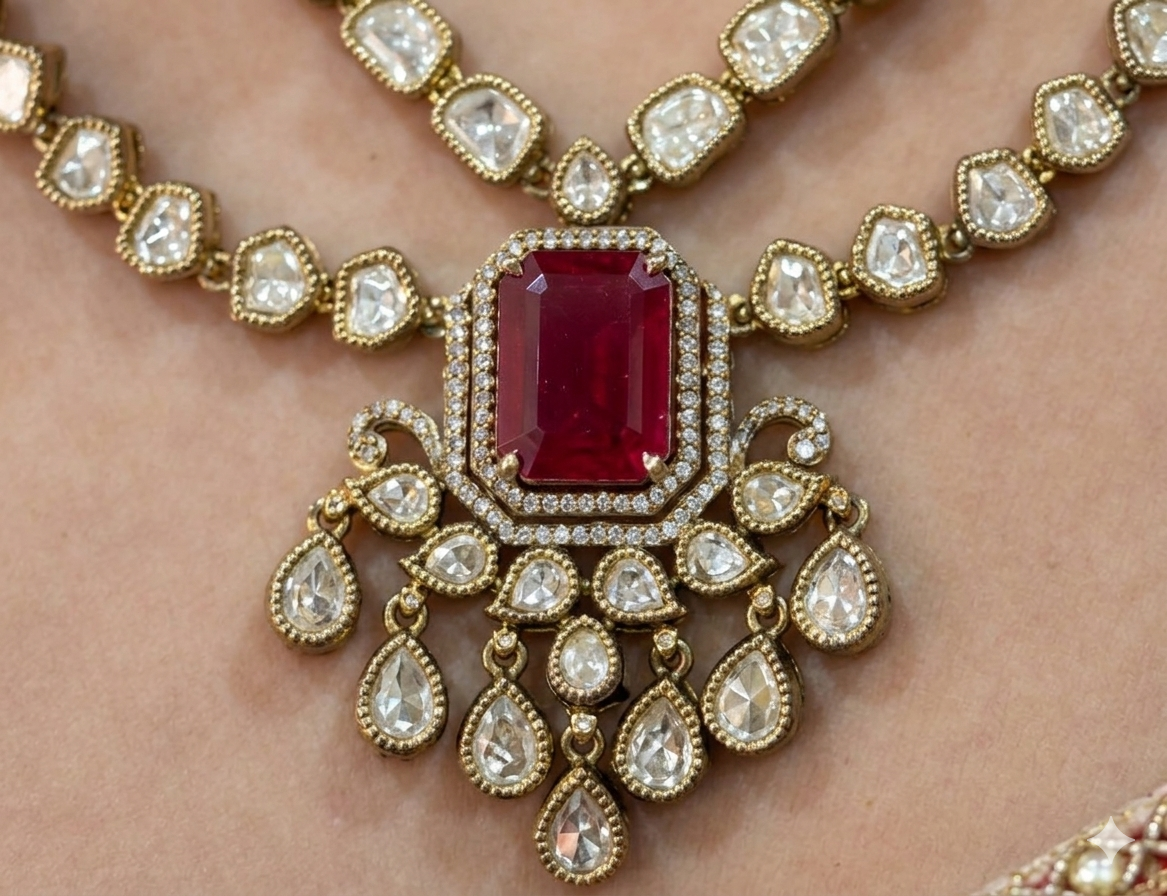 Moissanite Polki Studded Double Layer Ruby Necklace Set