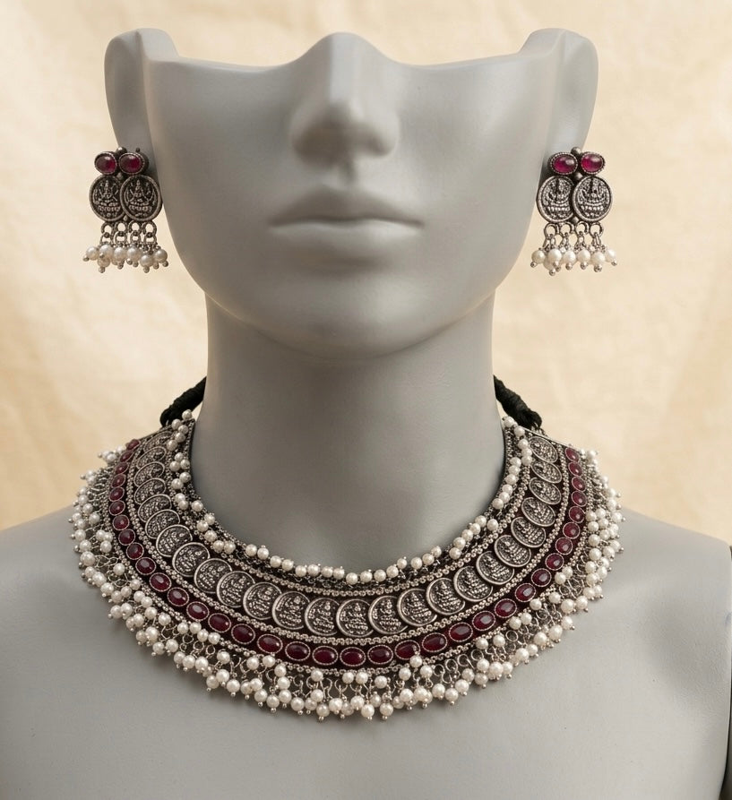 Oxidised Silver Statement Necklace Set with Red Stone Detailing & Pearl Fringe
