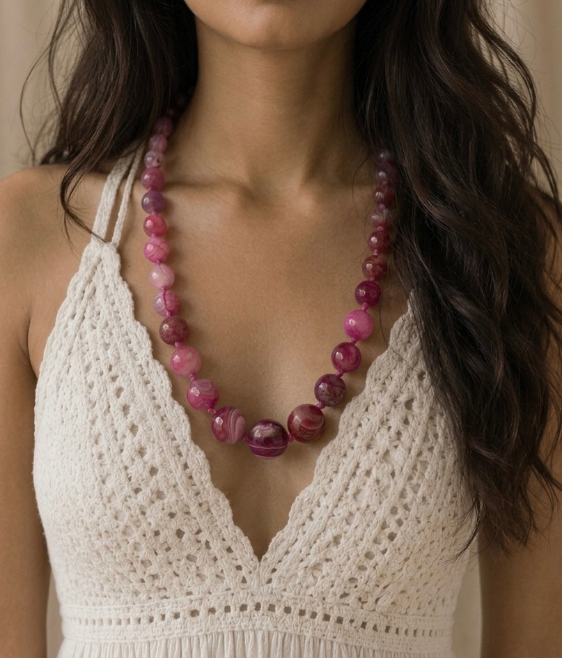 Pink Onyx Semi-Precious Stone Mala Necklace