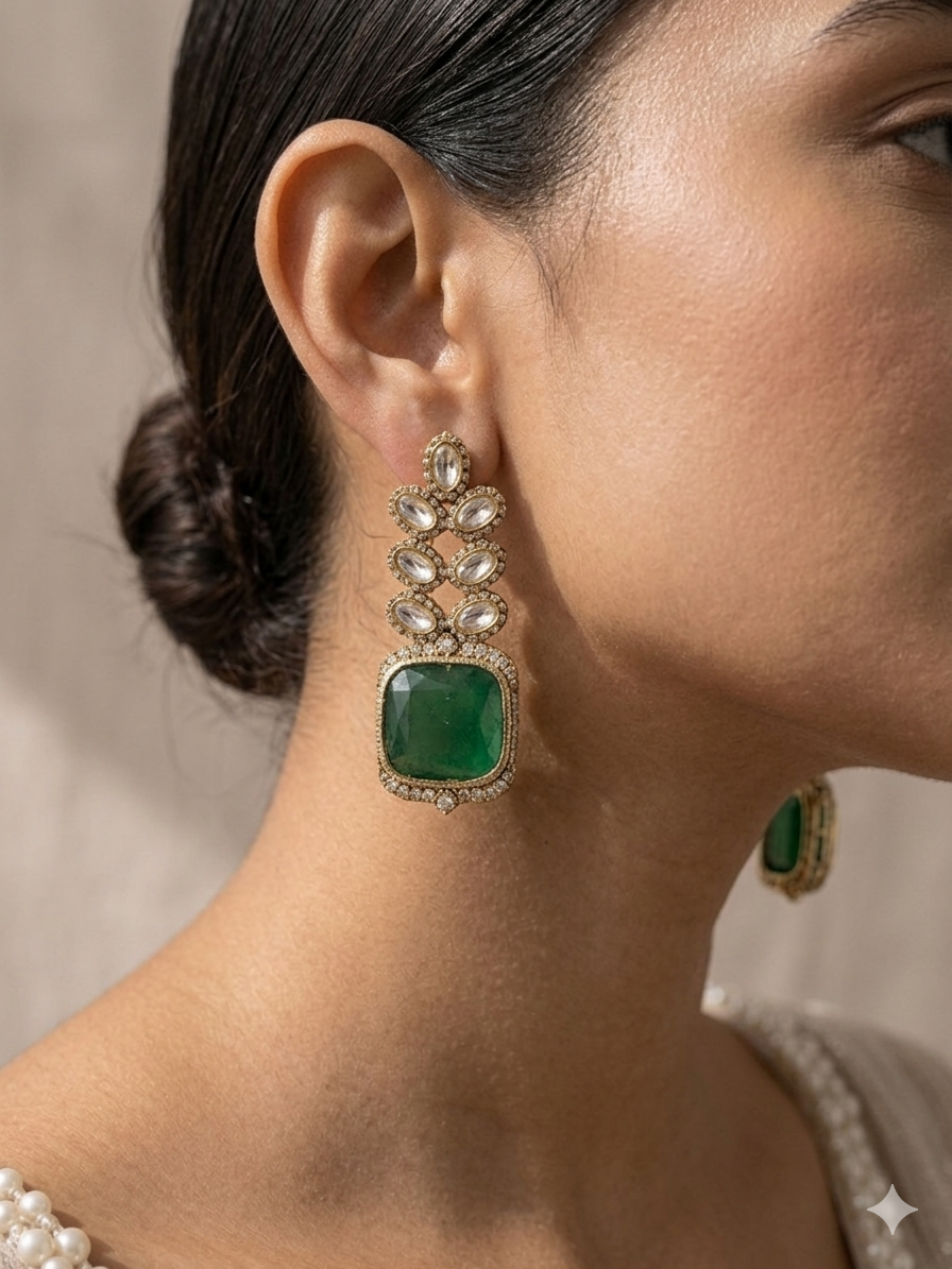 Gold & Diamond Choker Necklace Set with Green Gemstone