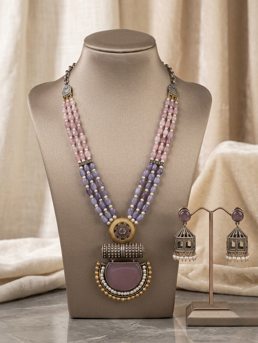 Regal Dual-Tone Beaded Necklace Set with Statement Jhumkas – A Timeless Fusion of Elegance