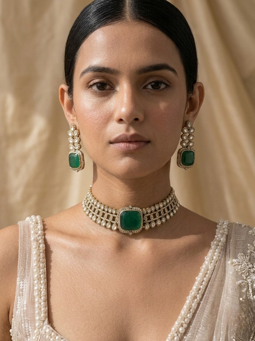 Gold & Diamond Choker Necklace Set with Green Gemstone