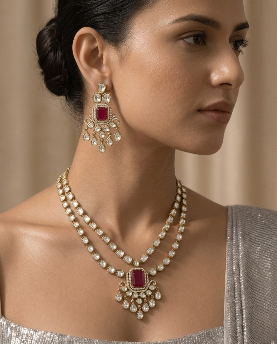 Moissanite Polki Studded Double Layer Ruby Necklace Set