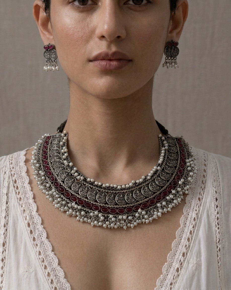 Oxidised Silver Statement Necklace Set with Red Stone Detailing & Pearl Fringe