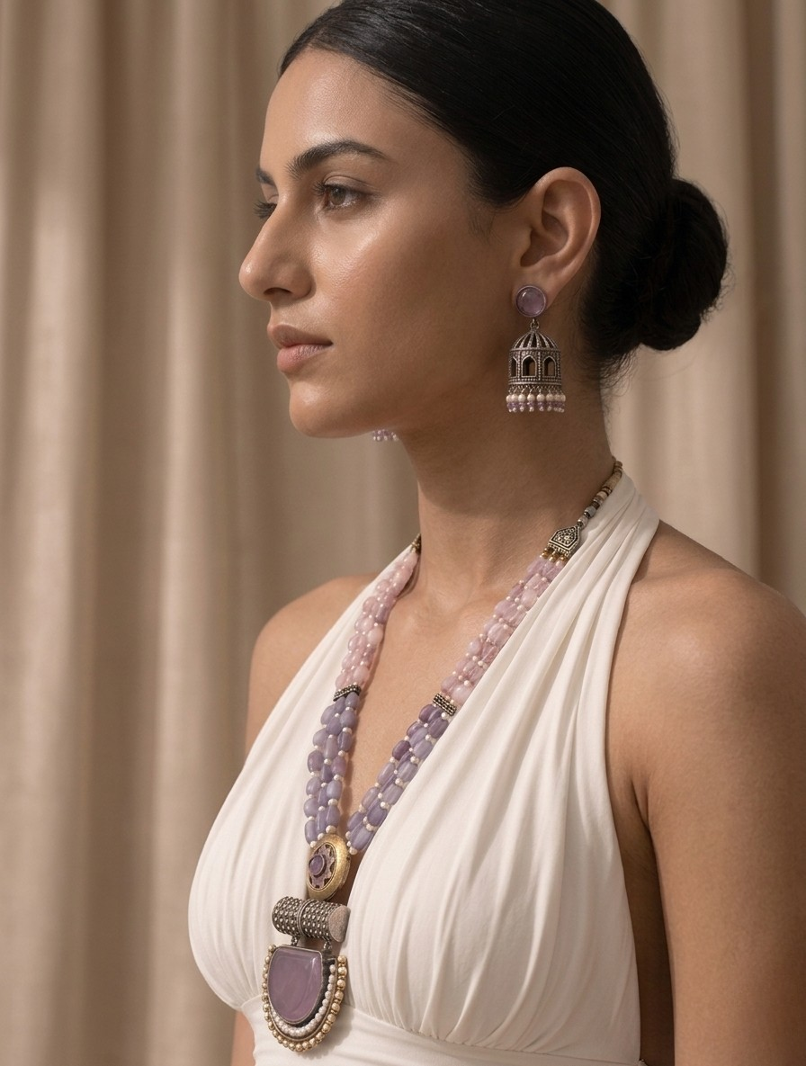 Regal Dual-Tone Beaded Necklace Set with Statement Jhumkas – A Timeless Fusion of Elegance