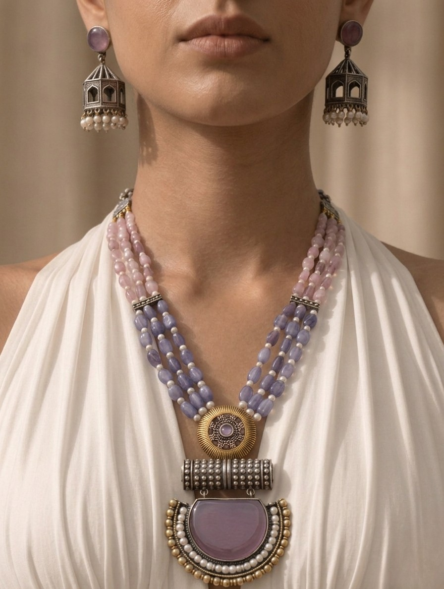 Regal Dual-Tone Beaded Necklace Set with Statement Jhumkas – A Timeless Fusion of Elegance