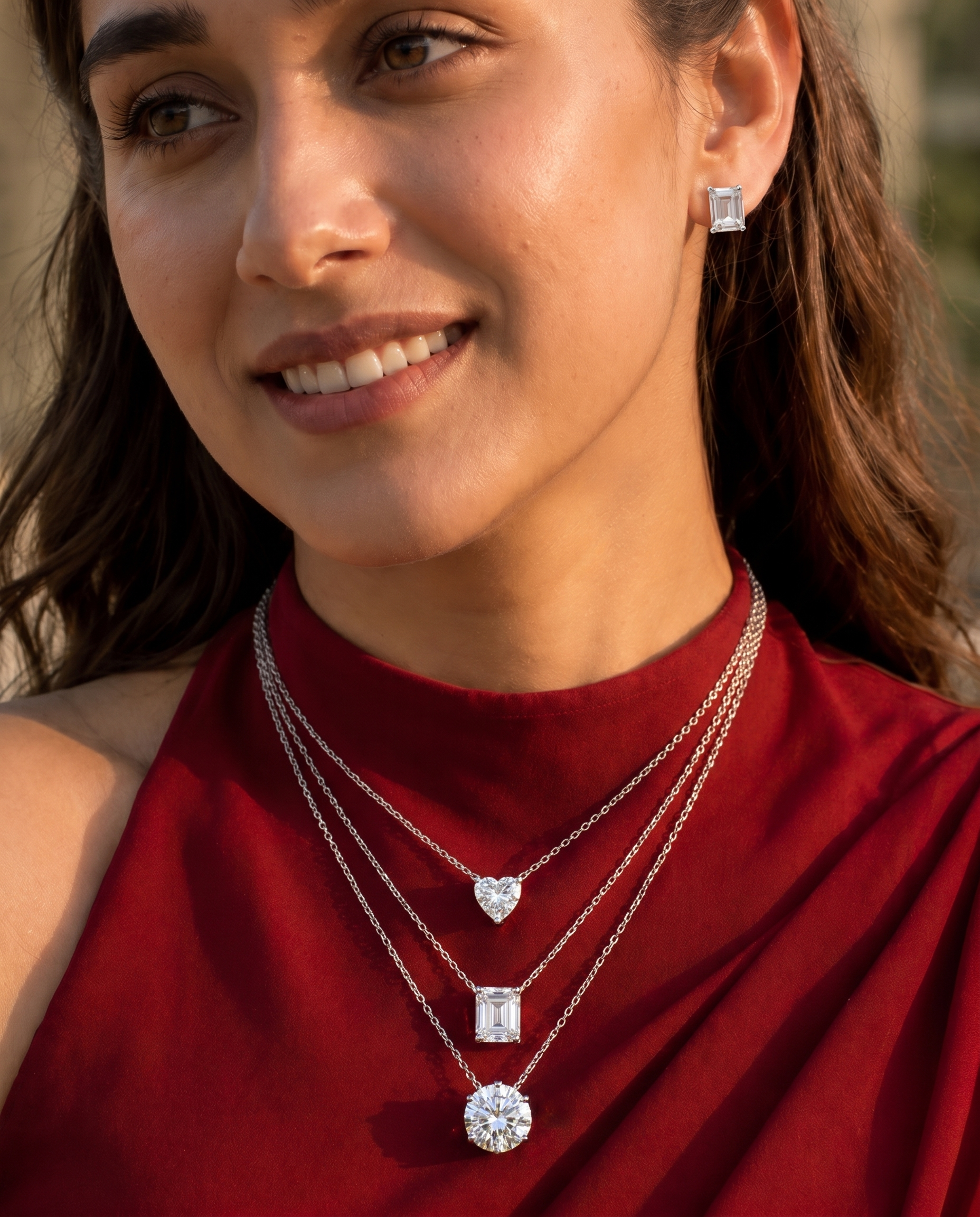 Triple Layer Diamond Solitaire Necklace Set | Heart, Emerald &amp; Round Cut Pendant Necklace with Matching Stud Earrings