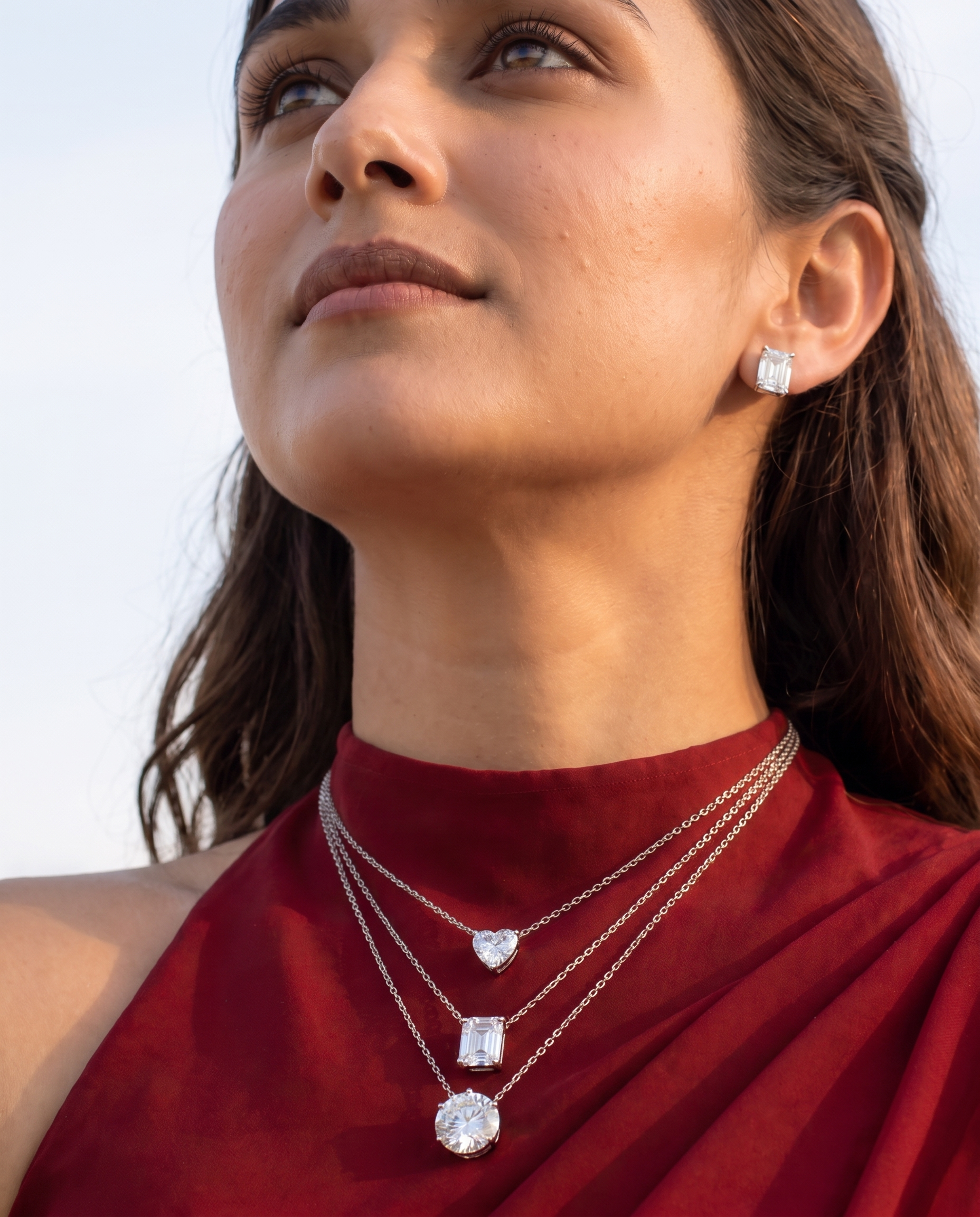 Triple Layer Diamond Solitaire Necklace Set | Heart, Emerald &amp; Round Cut Pendant Necklace with Matching Stud Earrings