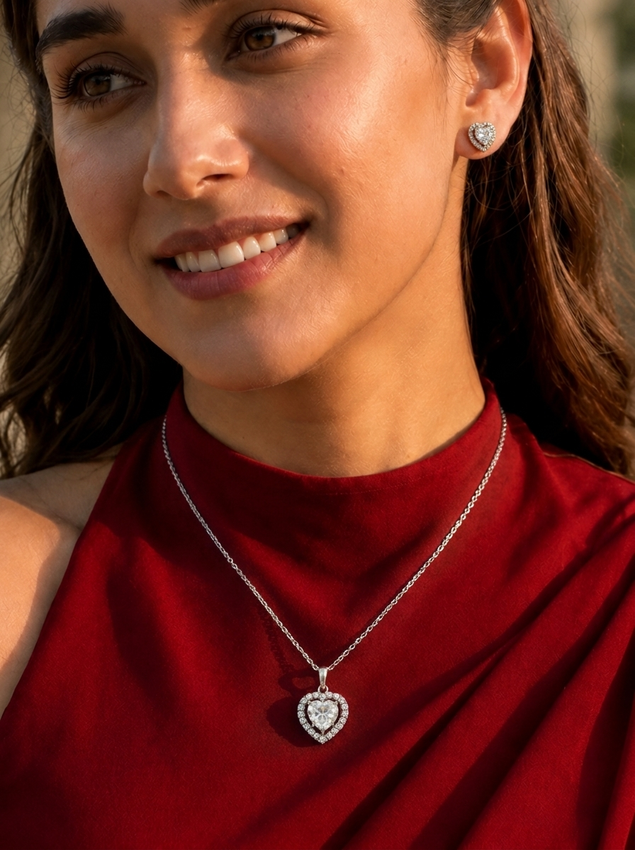 Heart-Cut Diamond Halo Pendant Necklace with Matching Stud Earrings | Silver Solitaire Heart Necklace Set
