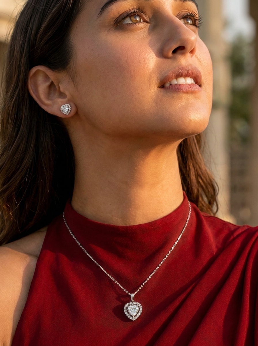 Heart-Cut Diamond Halo Pendant Necklace with Matching Stud Earrings | Silver Solitaire Heart Necklace Set