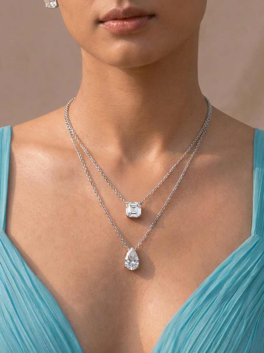 Layered Double Chain Necklace with Emerald-Cut &amp; Pear-Cut Diamond Pendants | Dual Strand Solitaire Necklace