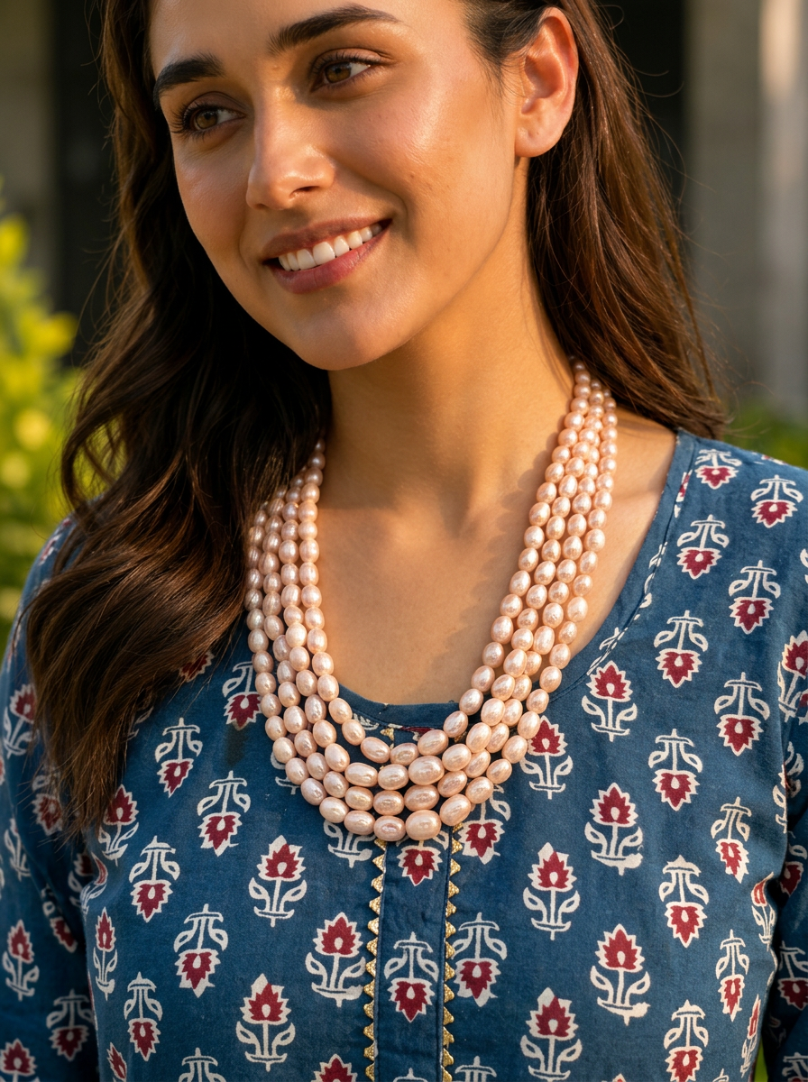 Statement Multi-Layer Pearl Mala Necklace — Handcrafted 4-Strand Design