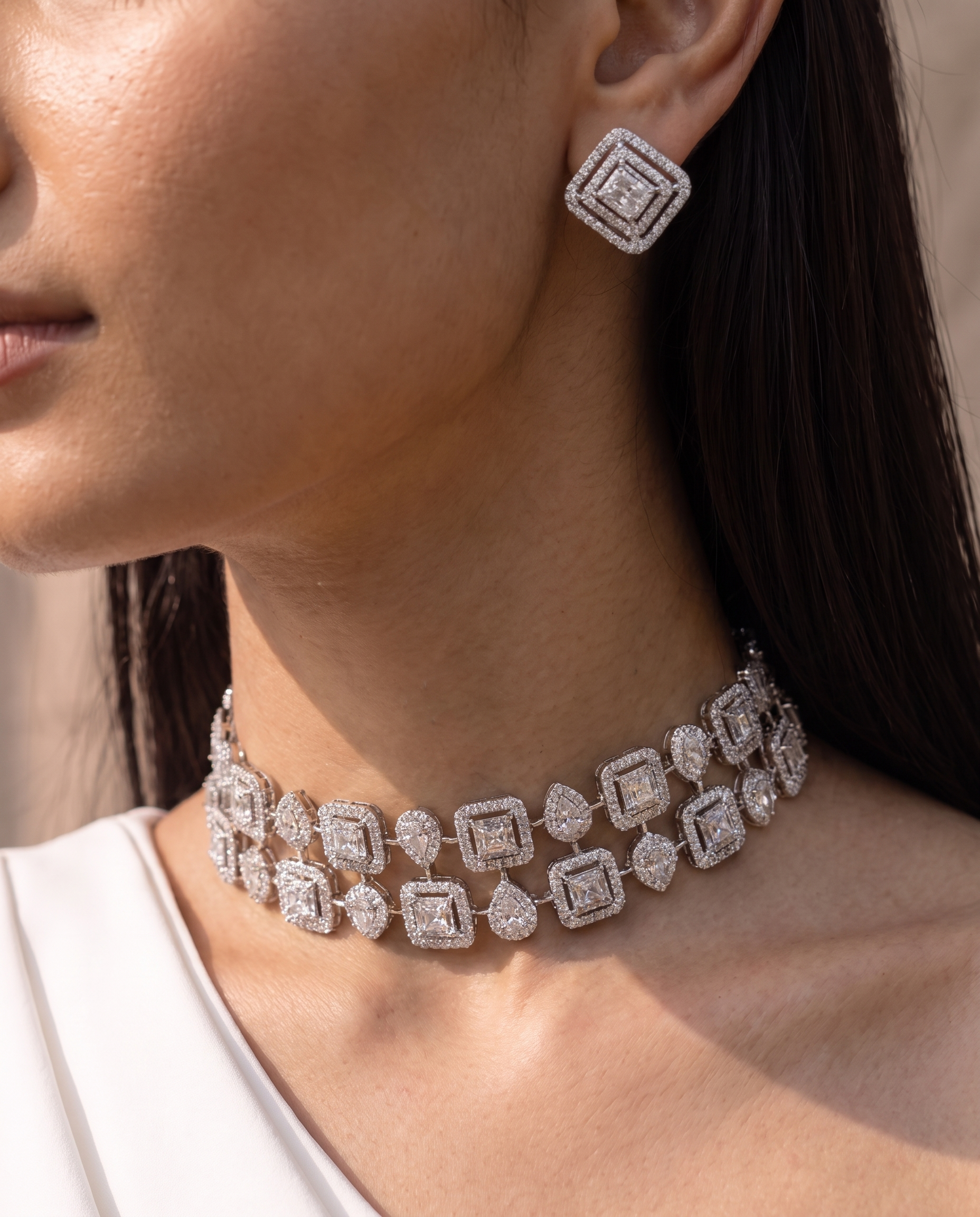 Geometric Halo Diamond Choker &amp; Earring Set