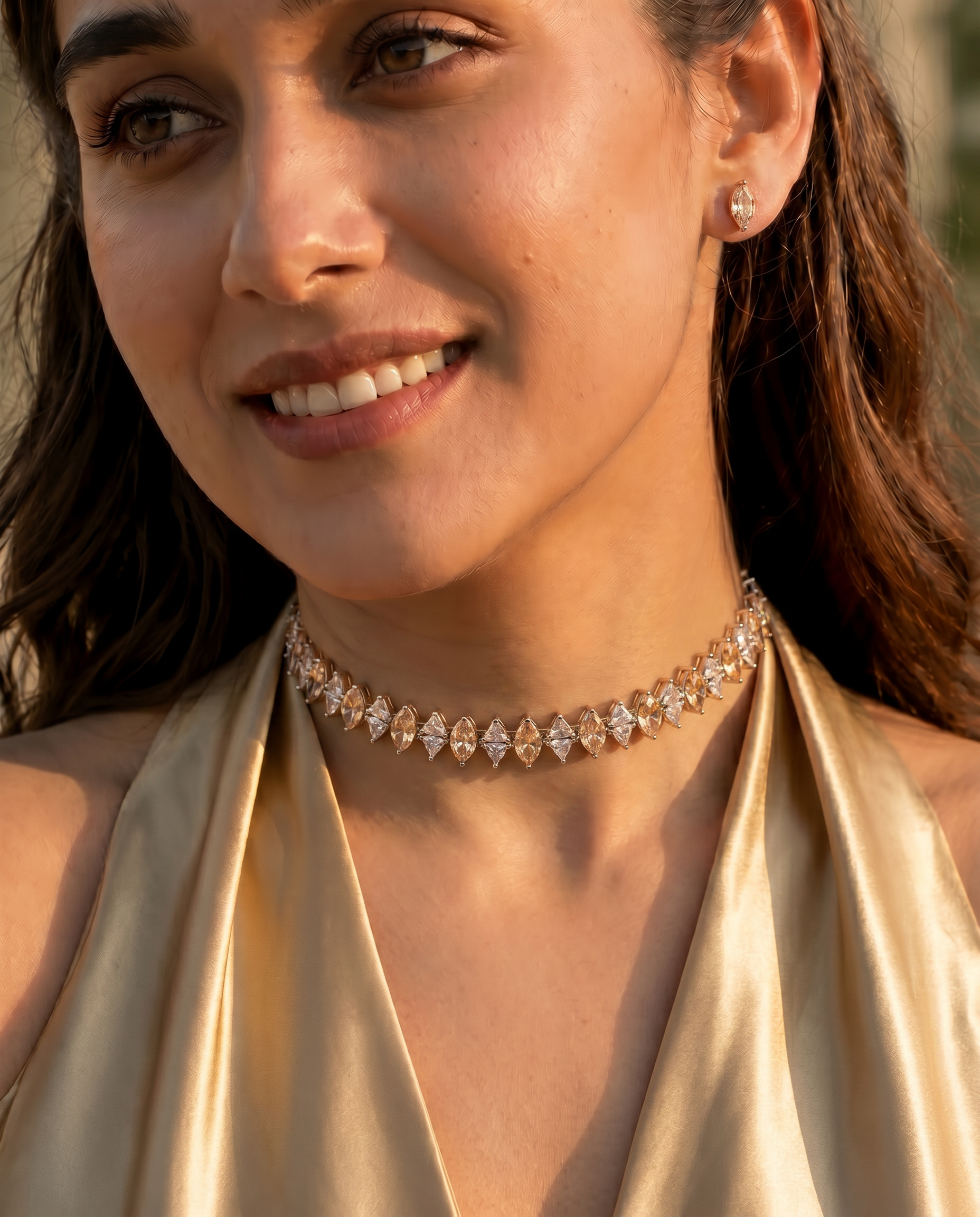 Saanjh Champagne & Clear Stone Choker Necklace | Marquise-Cut Statement Collar