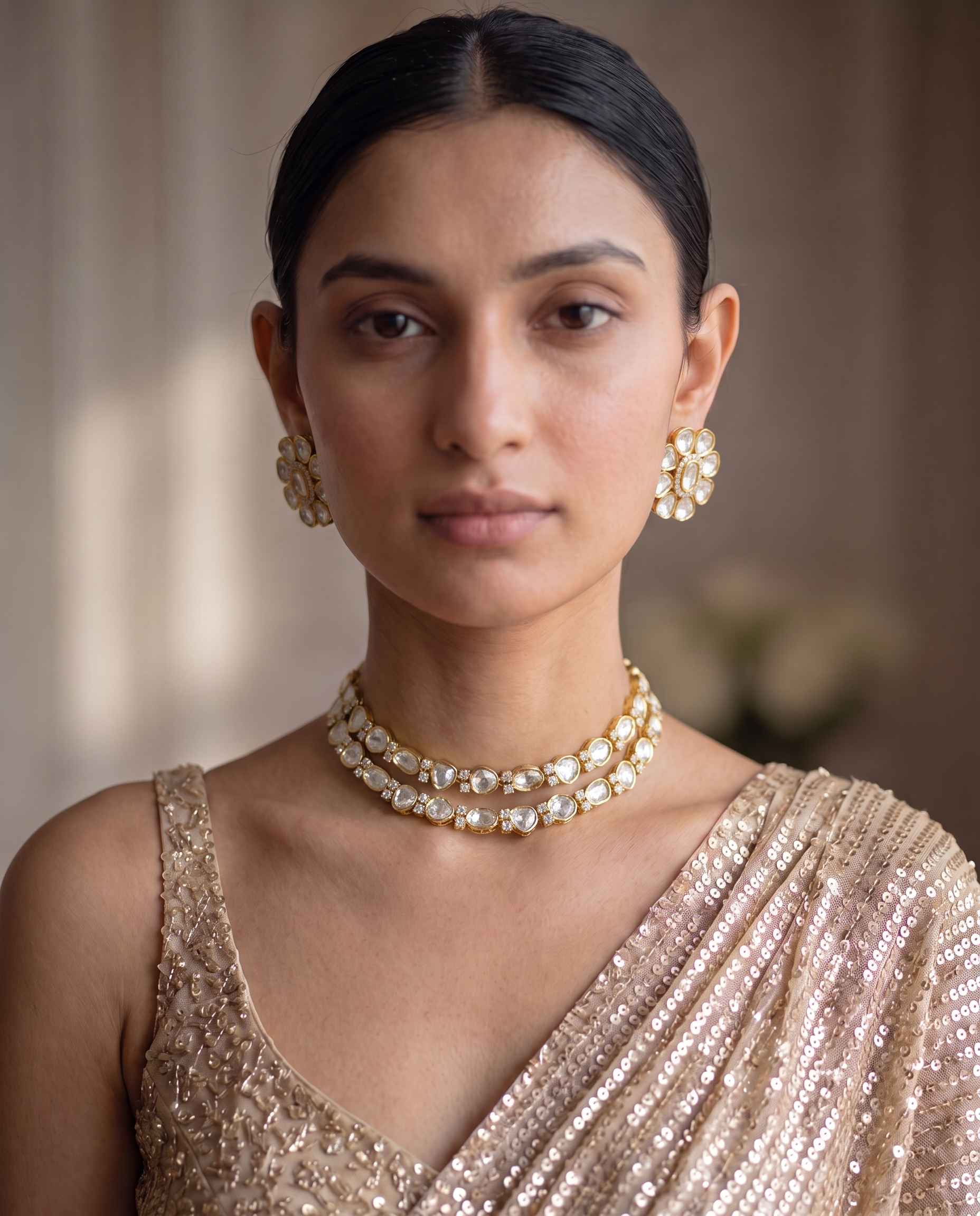Gold Floral Earring & Double-Layer Necklace Set with Clear Gemstones
