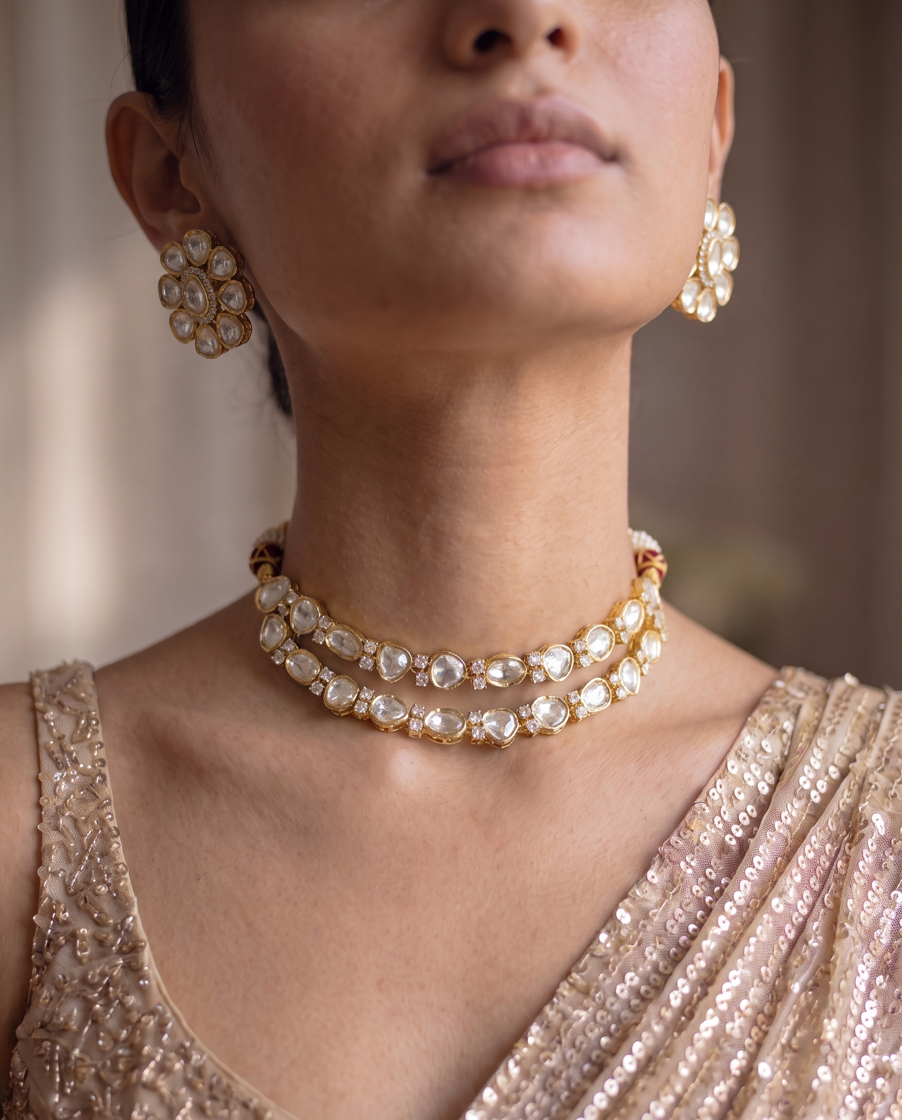 Gold Floral Earring & Double-Layer Necklace Set with Clear Gemstones