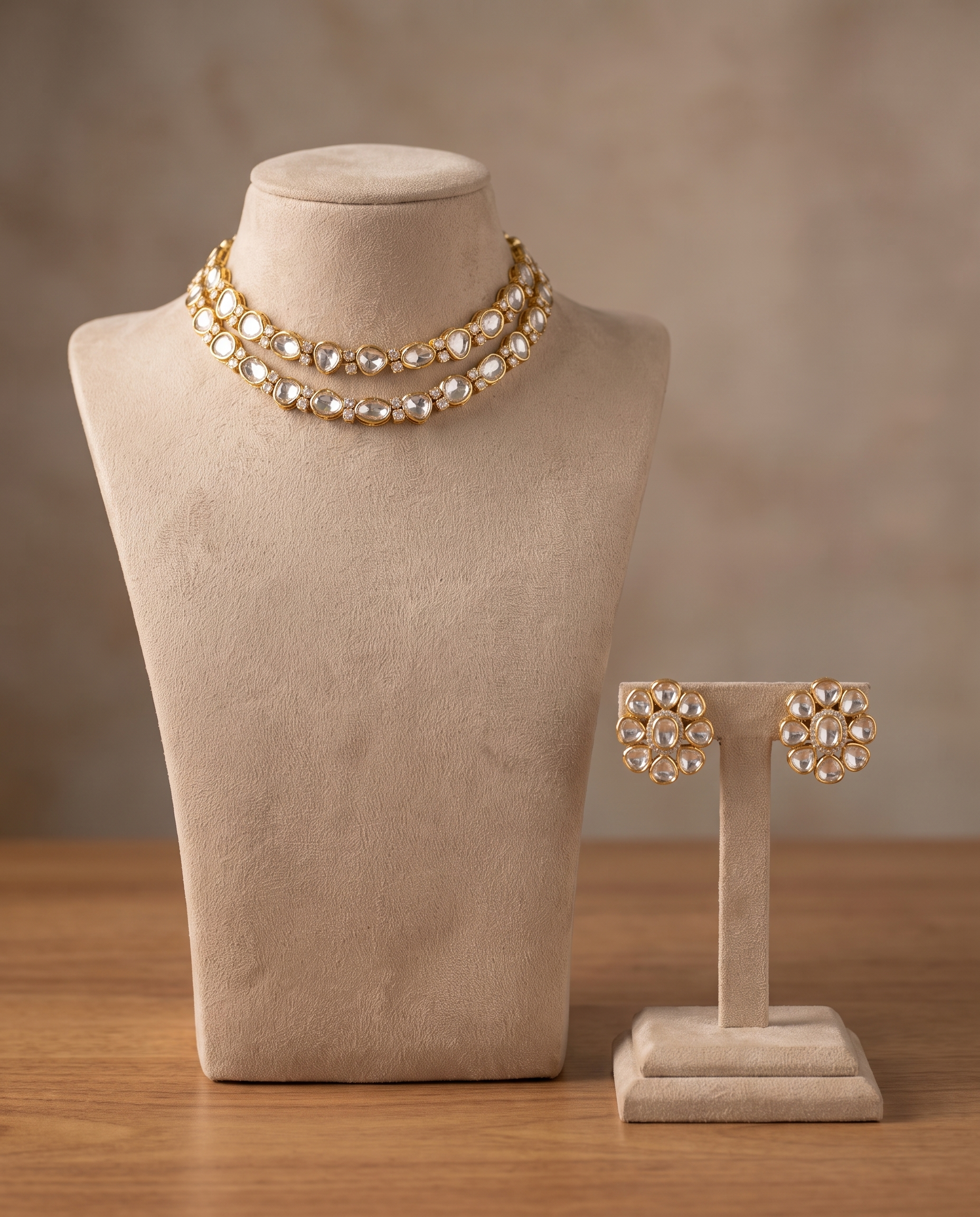 Gold Floral Earring & Double-Layer Necklace Set with Clear Gemstones