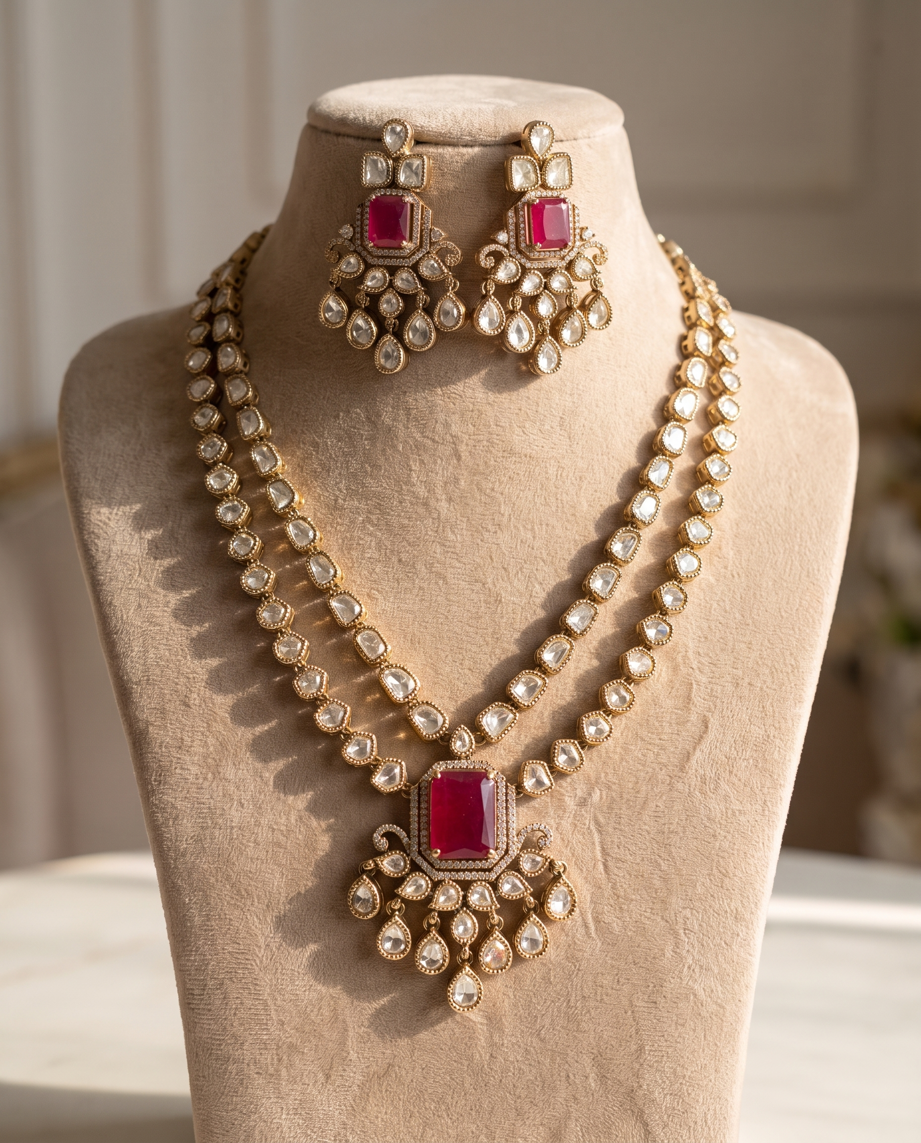 Moissanite Polki Studded Double Layer Ruby Necklace Set