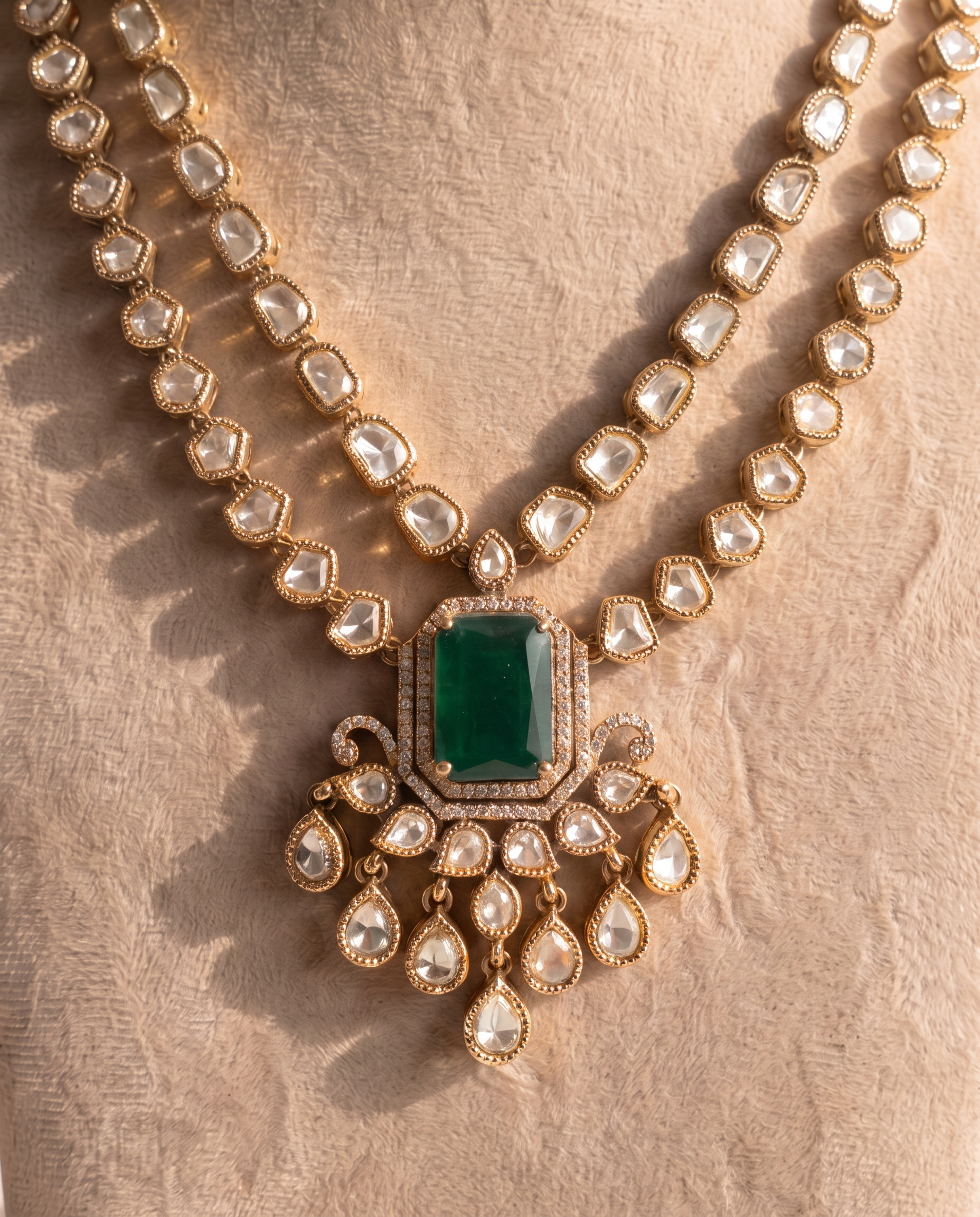 Moissanite Polki Studded Double Layer Emerald Necklace Set