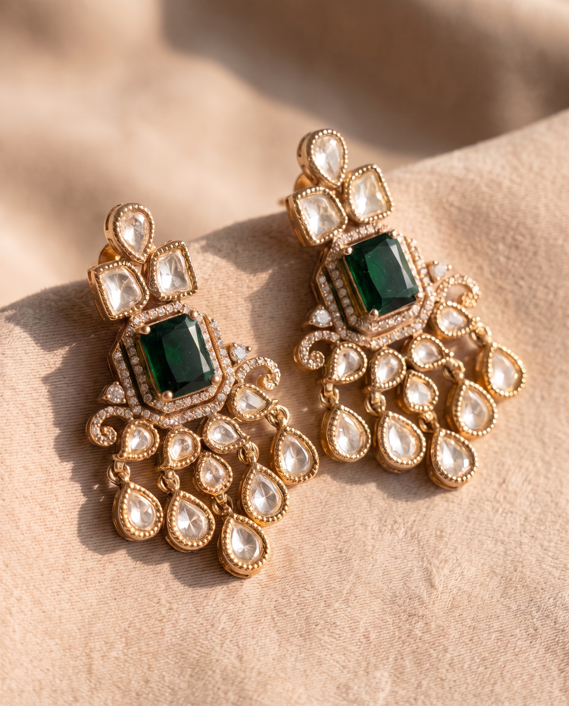 Moissanite Polki Studded Double Layer Emerald Necklace Set