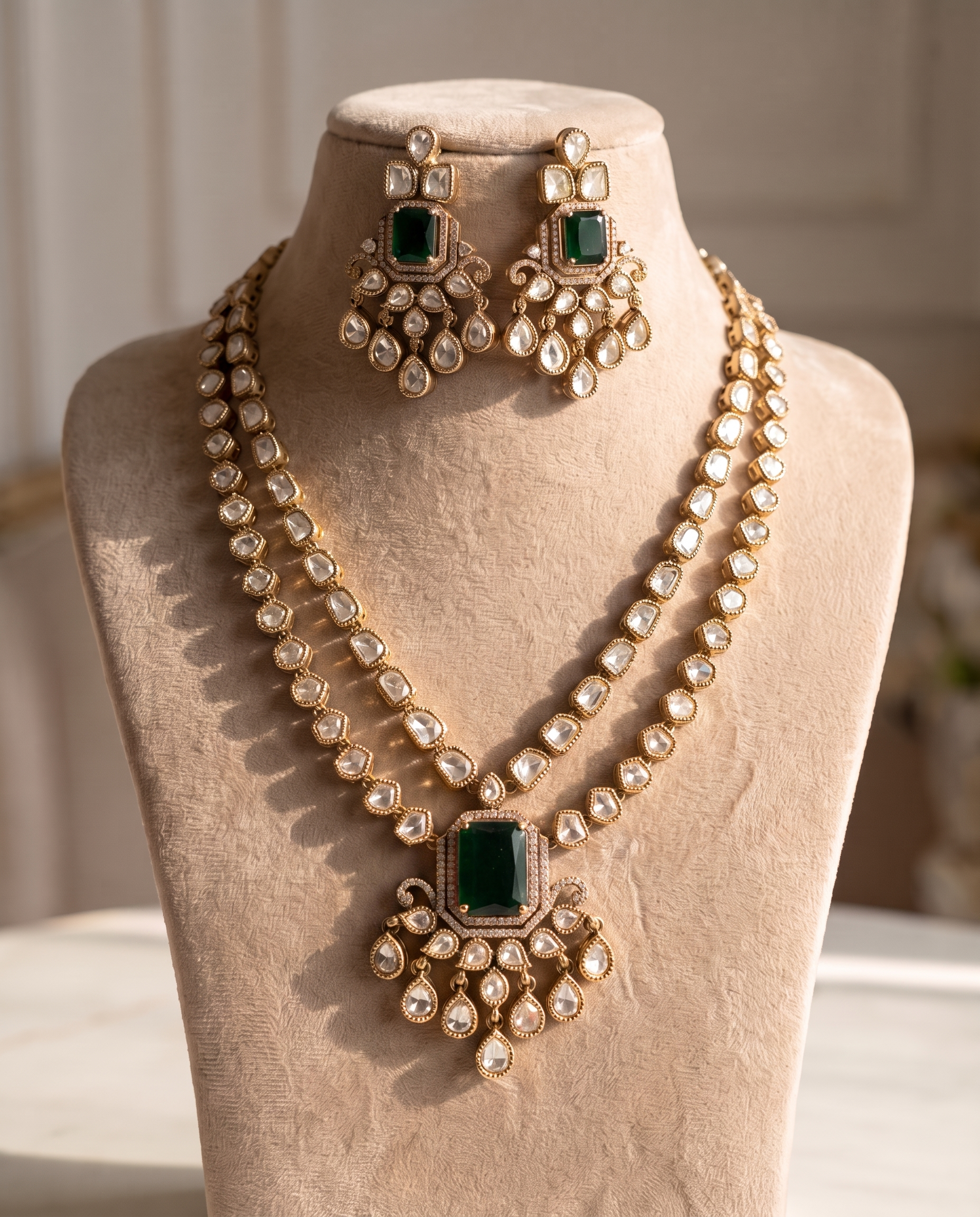 Moissanite Polki Studded Double Layer Emerald Necklace Set