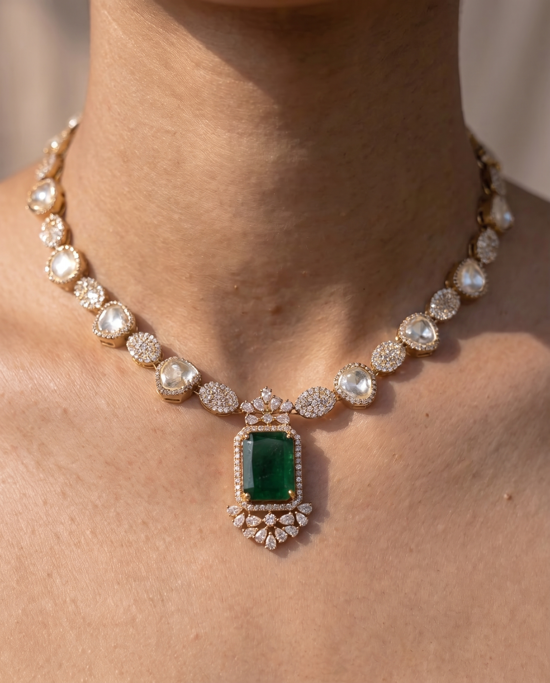 Exquisite Sparkling Moissanite Polki Necklace Ensemble