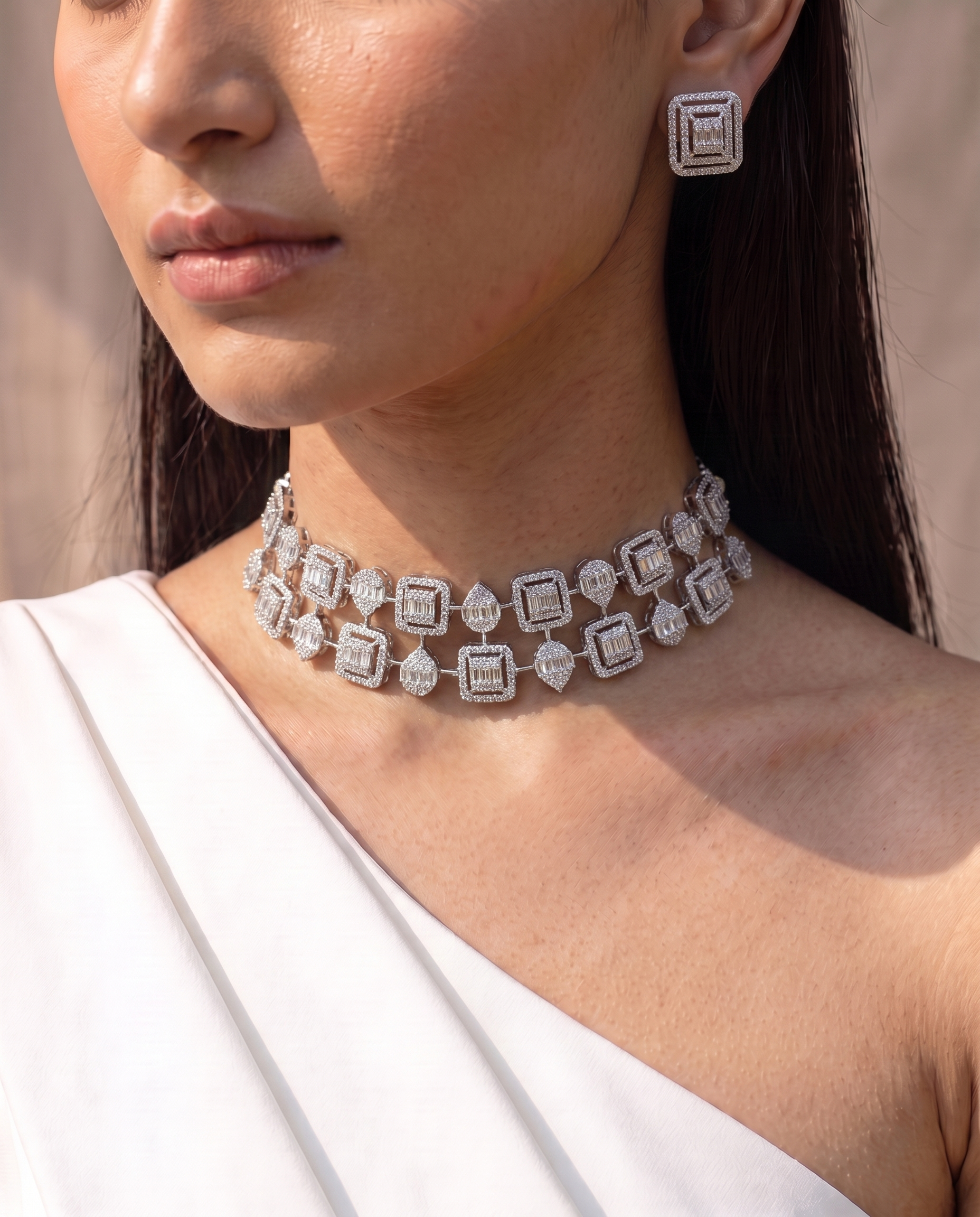 Geometric Halo Diamond Choker &amp; Earring Set