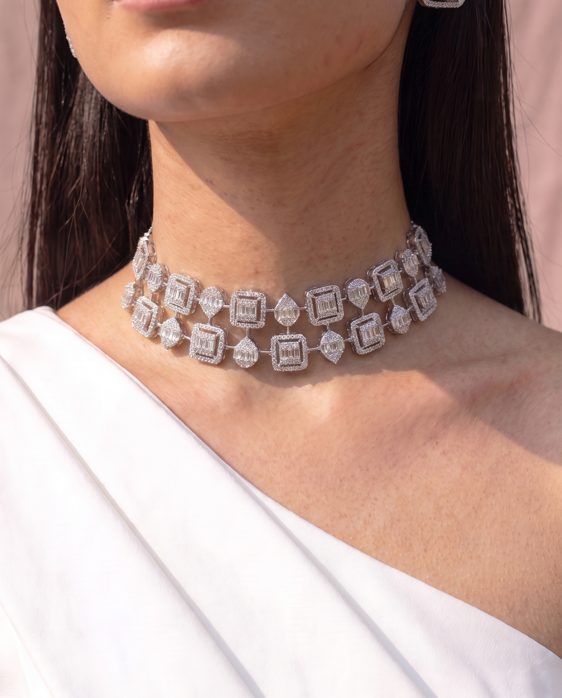 Geometric Halo Diamond Choker &amp; Earring Set