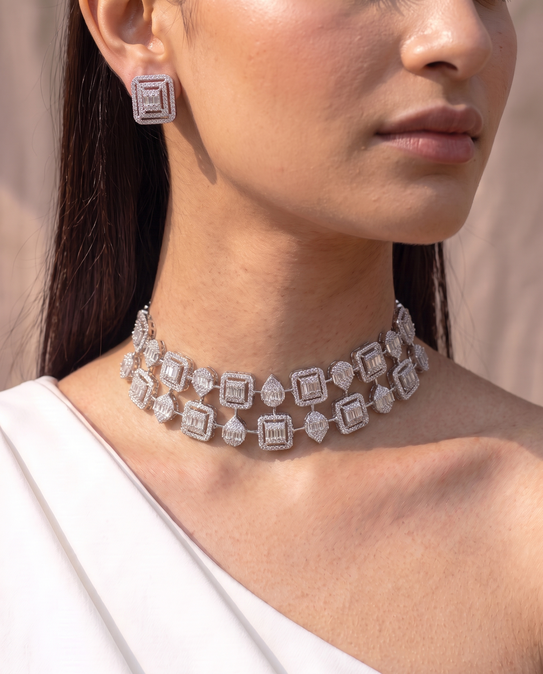 Geometric Halo Diamond Choker &amp; Earring Set
