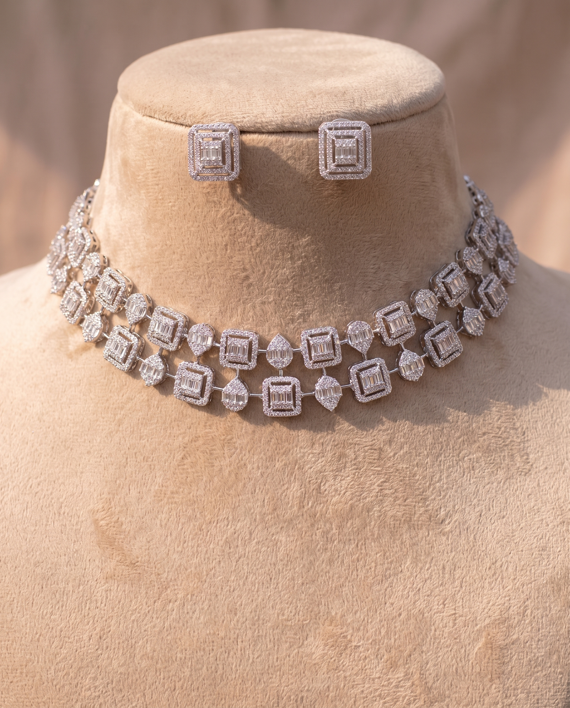 Geometric Halo Diamond Choker &amp; Earring Set