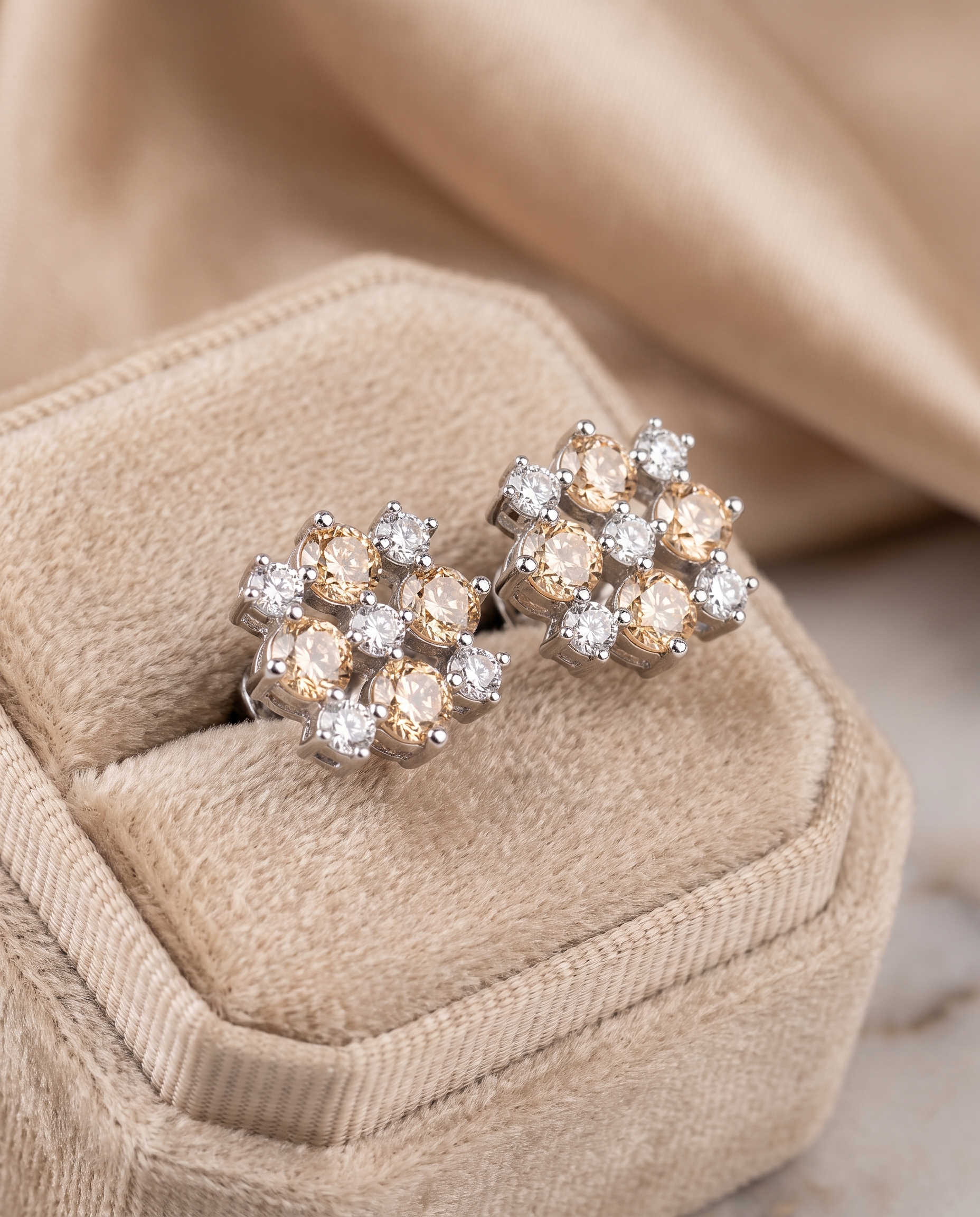Saanjh Champagne Cluster Stud Earrings | Two-Tone Round-Cut Crystals