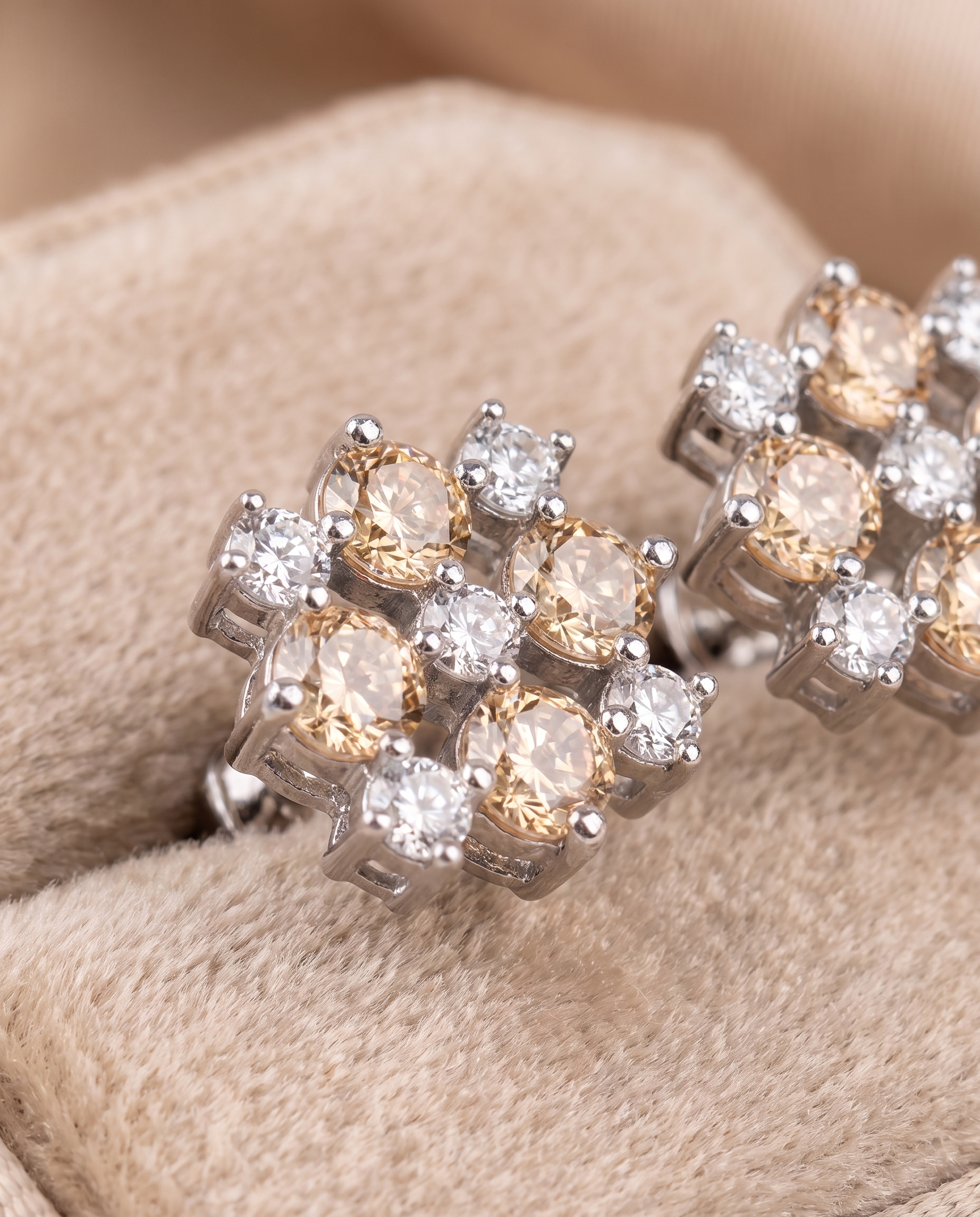 Saanjh Champagne Cluster Stud Earrings | Two-Tone Round-Cut Crystals