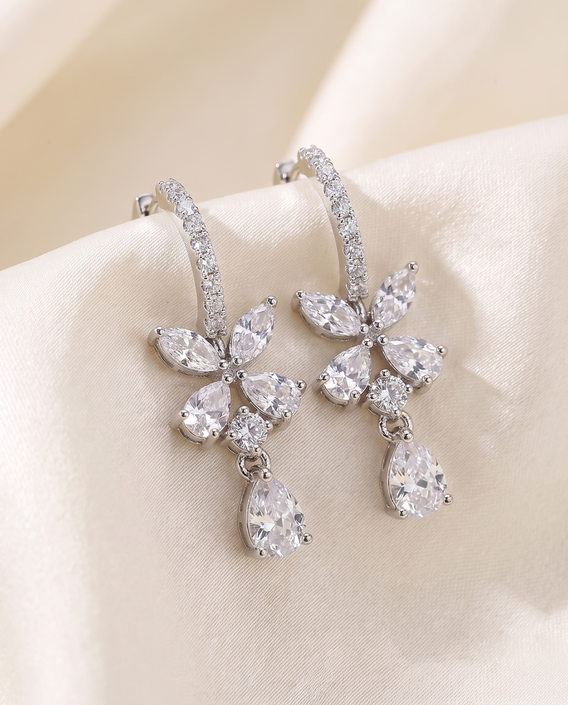 Fiora Crystal Blossom Drop Earrings | Pavé Hoop with Marquise & Pear-Cut Stones