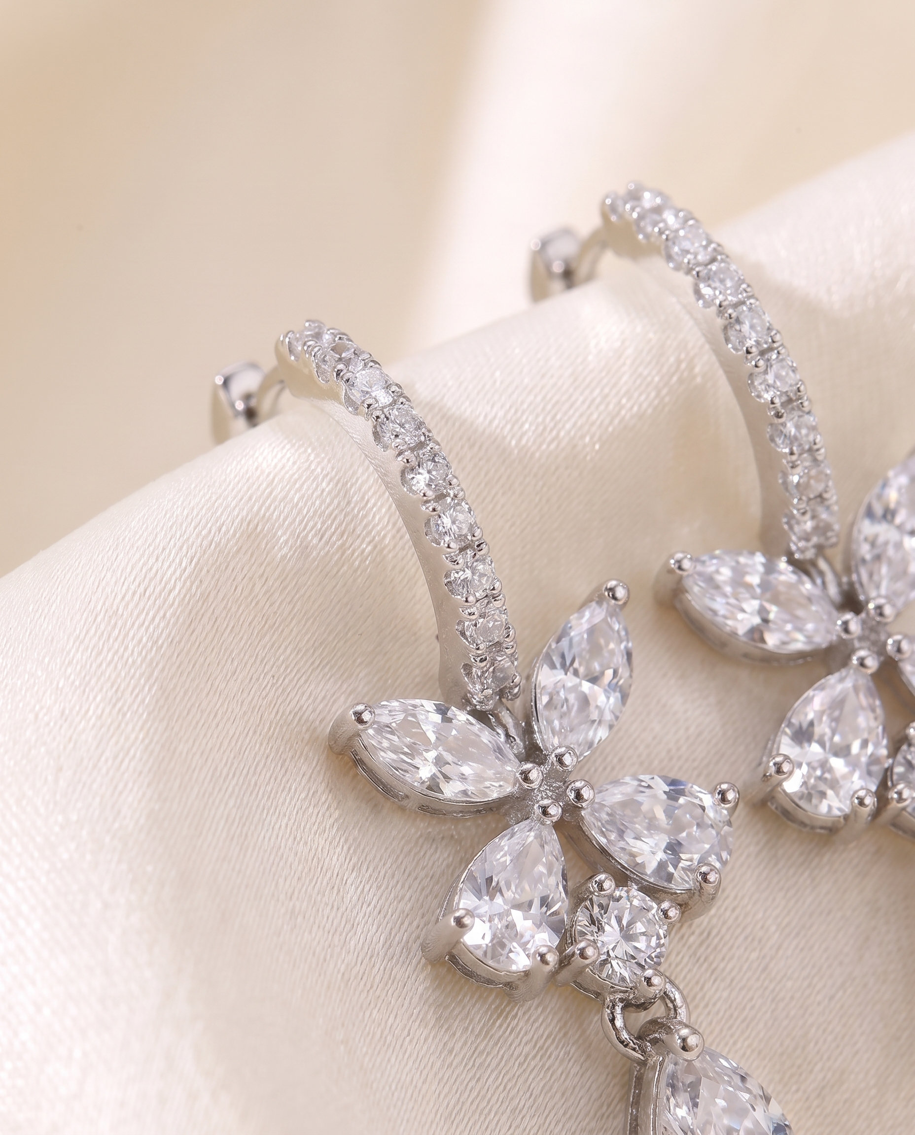 Fiora Crystal Blossom Drop Earrings | Pavé Hoop with Marquise & Pear-Cut Stones