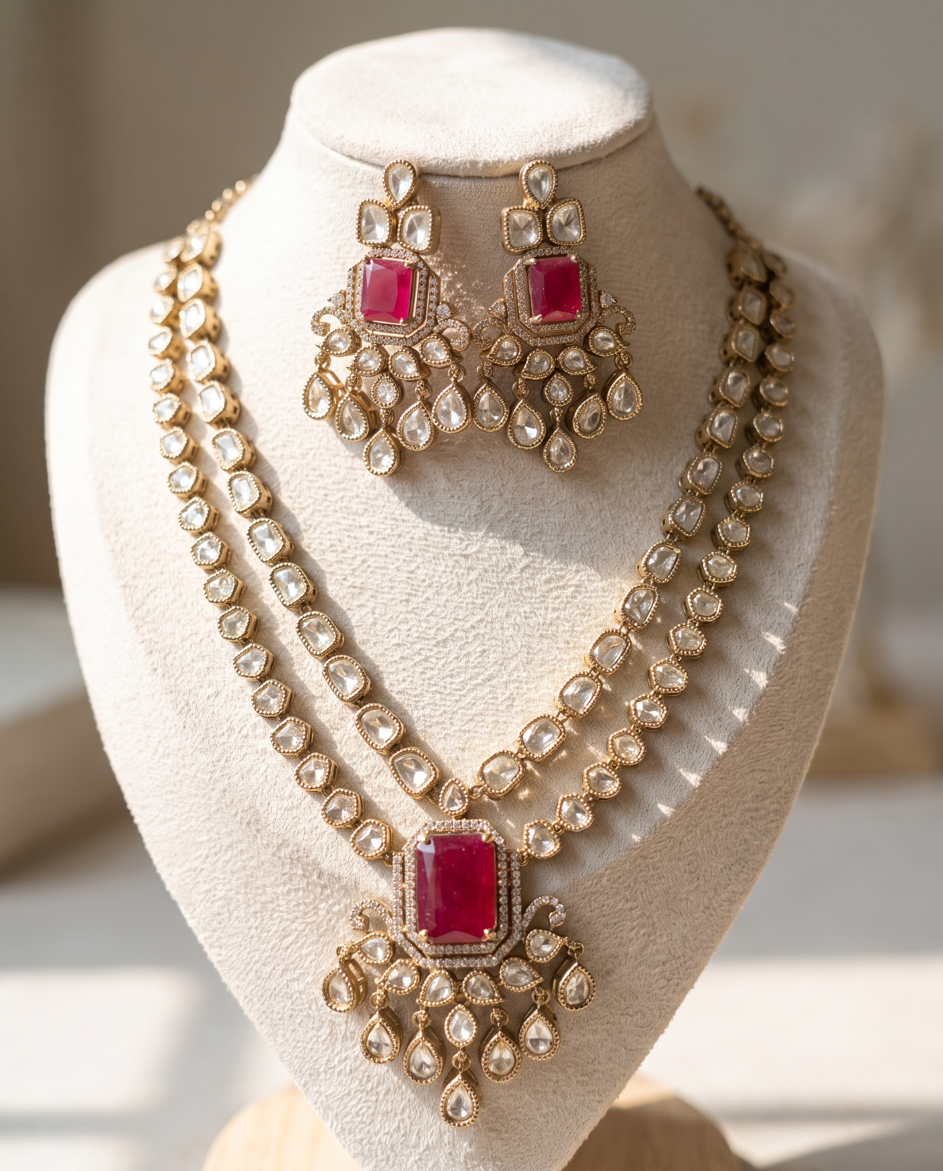 Moissanite Polki Studded Double Layer Ruby Necklace Set