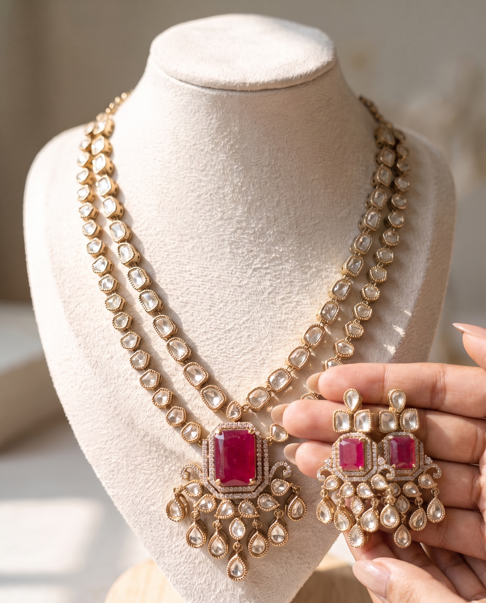 Moissanite Polki Studded Double Layer Ruby Necklace Set