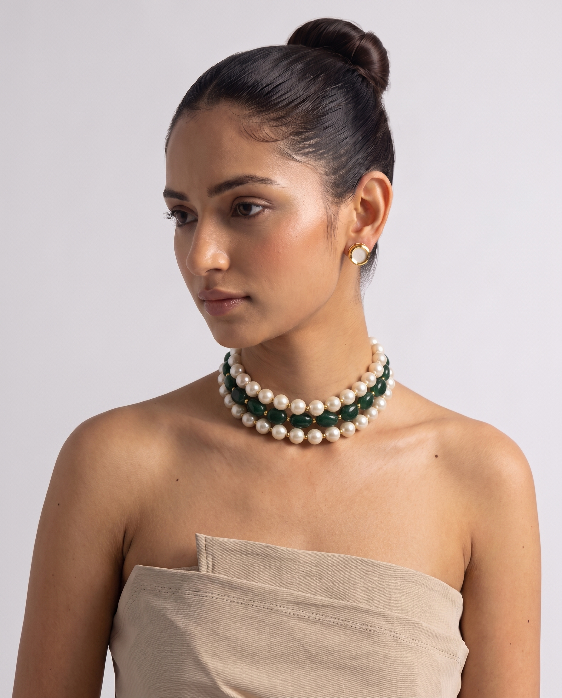 Pearl andGreen Stone Triple-Strand Choker — Necklace  Stud Set
