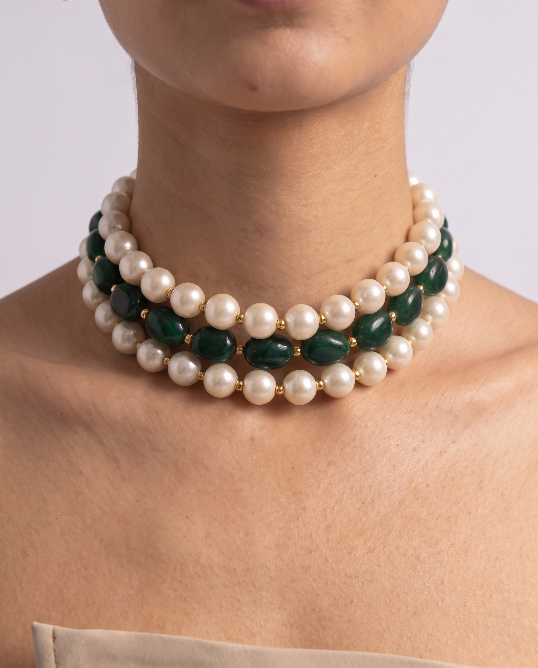 Pearl andGreen Stone Triple-Strand Choker — Necklace  Stud Set