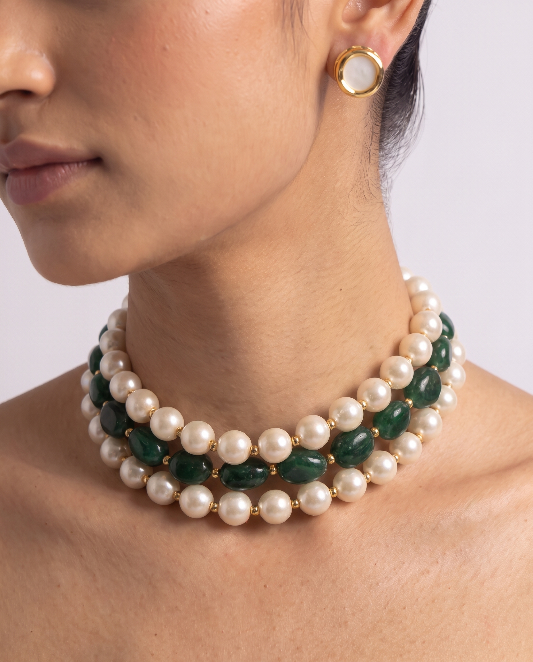 Pearl andGreen Stone Triple-Strand Choker — Necklace  Stud Set