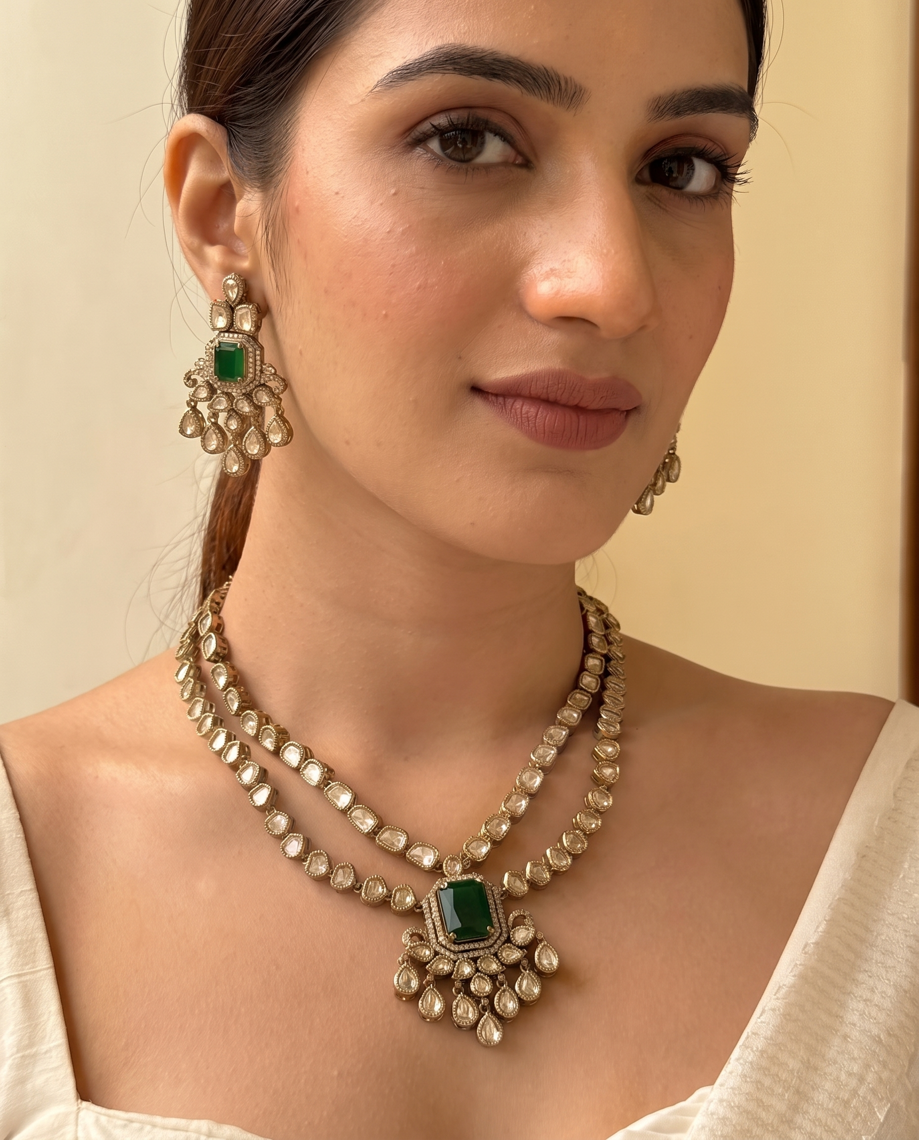 Moissanite Polki Studded Double Layer Emerald Necklace Set