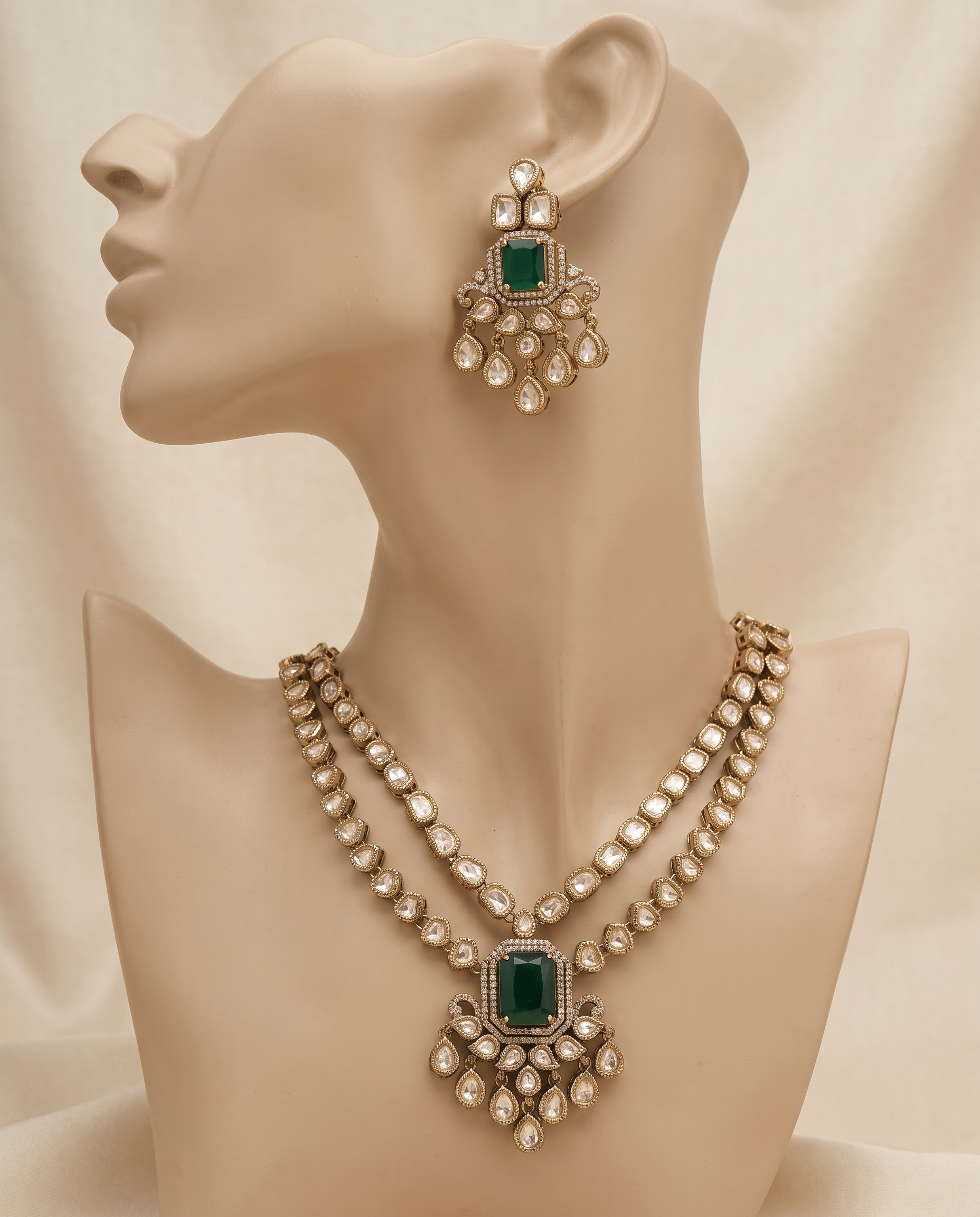 Moissanite Polki Studded Double Layer Emerald Necklace Set