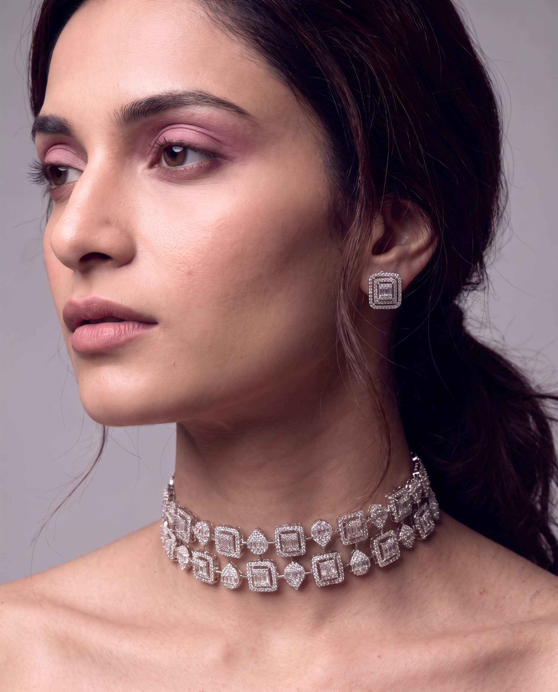 Geometric Halo Diamond Choker &amp; Earring Set